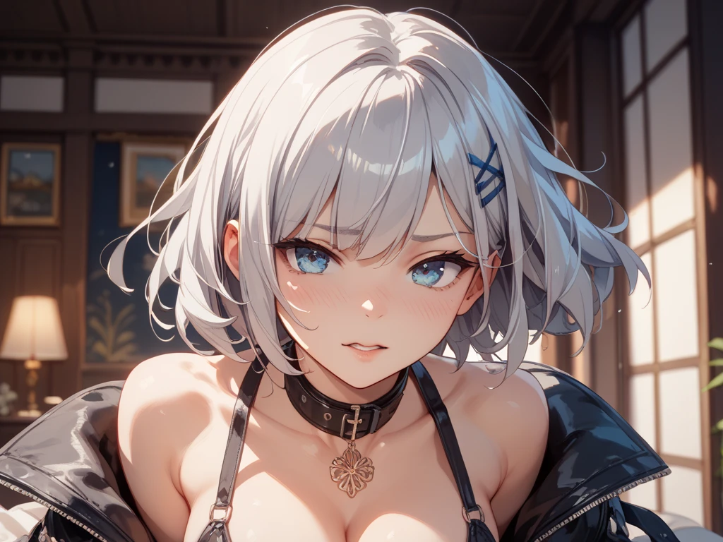 (Ultra-high resolution,masterpiece, Attention to detail, Highest quality), 4K,(Silver braided short bob),(well endowed,Captivating body、Ultra-detailed skin、Beautiful eyes、Detailed Background),1girl, (?????? press,Transparent glass,Place your hands on the glass、Put your cheek against the glass)