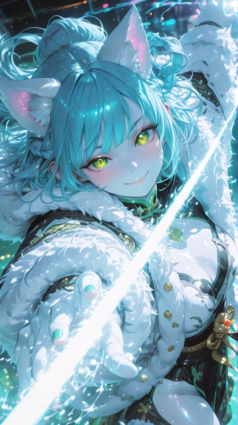 (long blue hair),half up braid、 Green Slit Eyes, White cat ears, nail,White Fur Clothes,Floating,so beautiful,, semi-real , Newest,balancing , Battle Action,High Angle,shiny skin,beautiful light reflecting through the lens、
Demonic Looks. smile, she has white skin、
high resolution、Exquisite Description、Dramatic Lighting、reflective light、
、Dramatic Light と Shadow、
Brilliant Color Effects、god々 pixie background、
dynamic angle、overwhelming beauty、blurry background、
dye the entire scene orange、Dark Effects High Angleの側面ビュー、Street Fighter、energy beam、splatter background