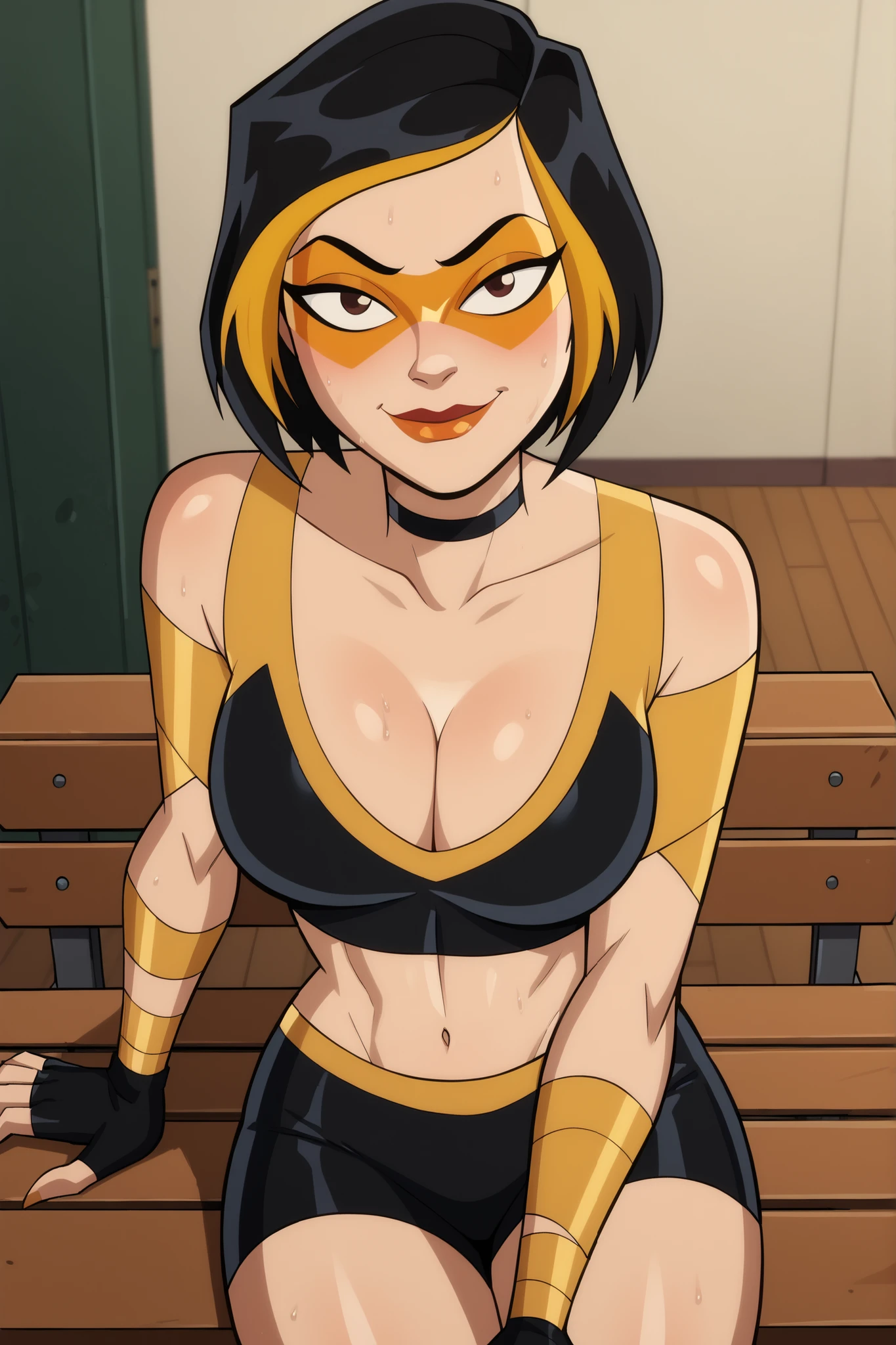 score_9, score_8_up, score_7_up, score_6_up BREAK, g0g1-dh, smiling, closed mouth, 1girl, solo, short hair, black hair, gold hair, multicolored hair, choker, domino mask, makeup, lipstick, looking at viewer, seducing viewer, teasing viewer, large breasts, cleavage, curvy, athletic, seductive expression, bedroom eyes, busty, black sports bra, black gym shorts, black fingerless gloves, indoors, gym, sitting on bench, bare shoulders, high-angle view, gold eyeshadow, closeup, portrait, upper body, sweaty, sweat drops, blushing