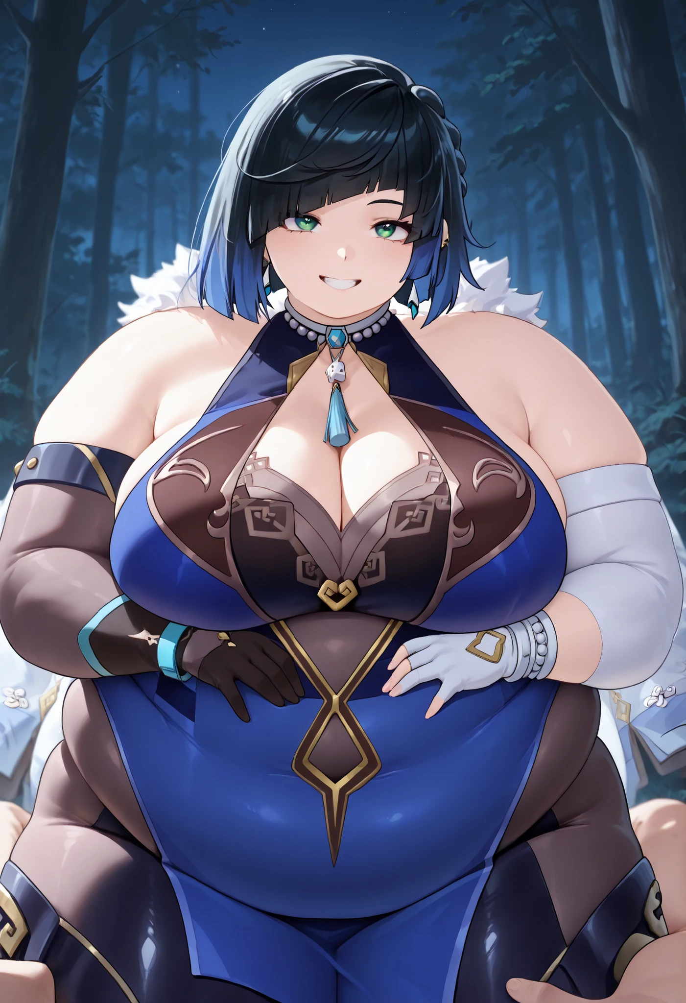 hyper fat,hyper obese,obese,fat,plump,WeightChubby,giantic tights, highres, absurdres,cowboy shot,1girl,solo,yelan, black hair, blue hair, eyebrows hidden by hair, green eyes, multicolored hair, short hair,bare shoulders, black gloves, chinese clothes, cleavage, elbow gloves, jewelry, necklace,night,forest,grin,contrapposto,arm under breasts,hand up,head tilt, "First-person perspective (POV) of someone lying down on their back , looking up at another person sitting on their lap , facing them . The person sitting has a relaxed but dominant posture , their hands resting on the viewer’s chest or thighs . The scene captures an intimate and intense moment , with the sitting person making direct eye contact with the viewer . Soft lighting , slight depth blur to enhance immersion