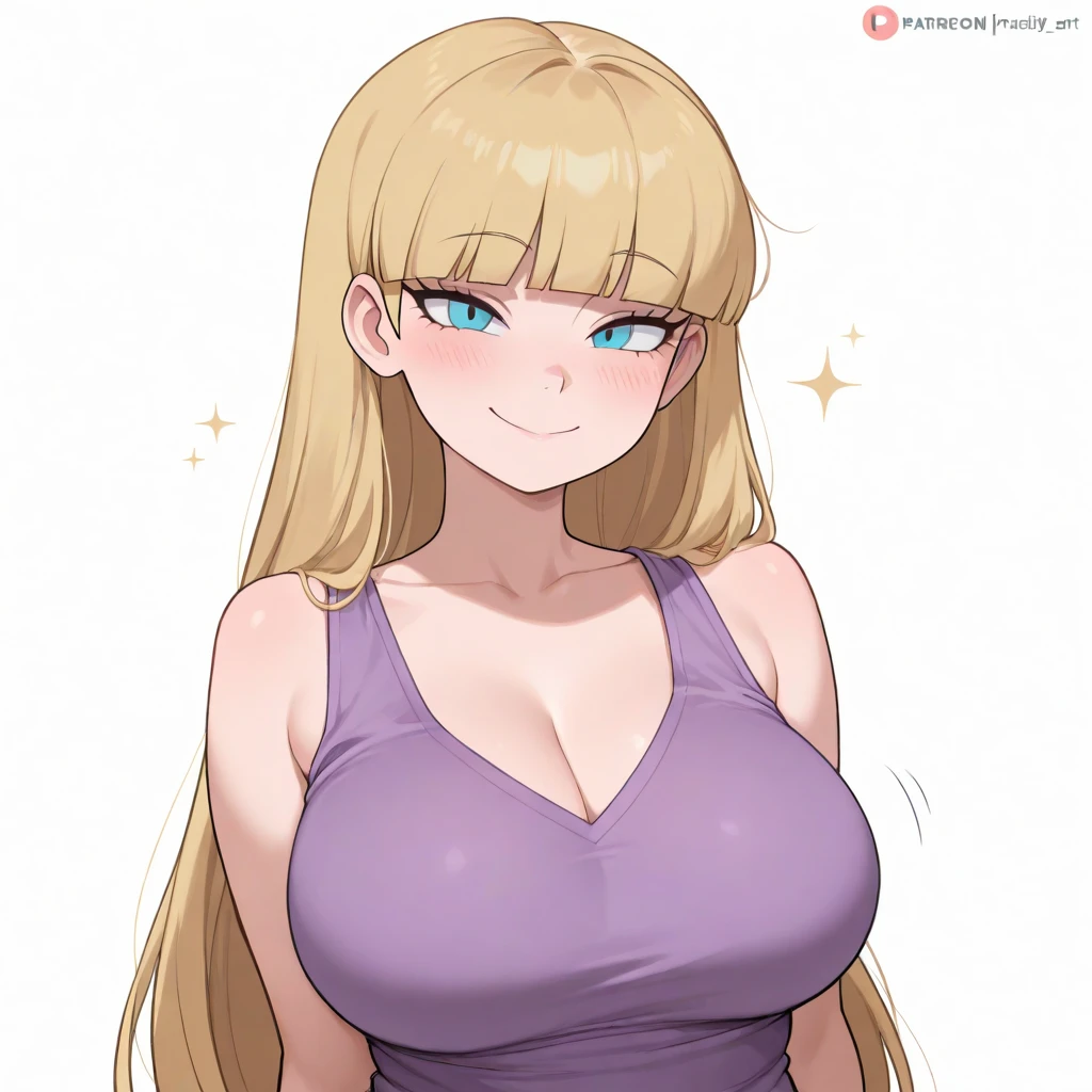 Side view, (masterpiece), (best quality), (illustration), simple white background, (pretty face), very detailed face, obese milf, overweight, fat, chubby, blond hair, casual ??????, cleavage, huge ?????, smirk, looking to the front, belly, side view, simple white background