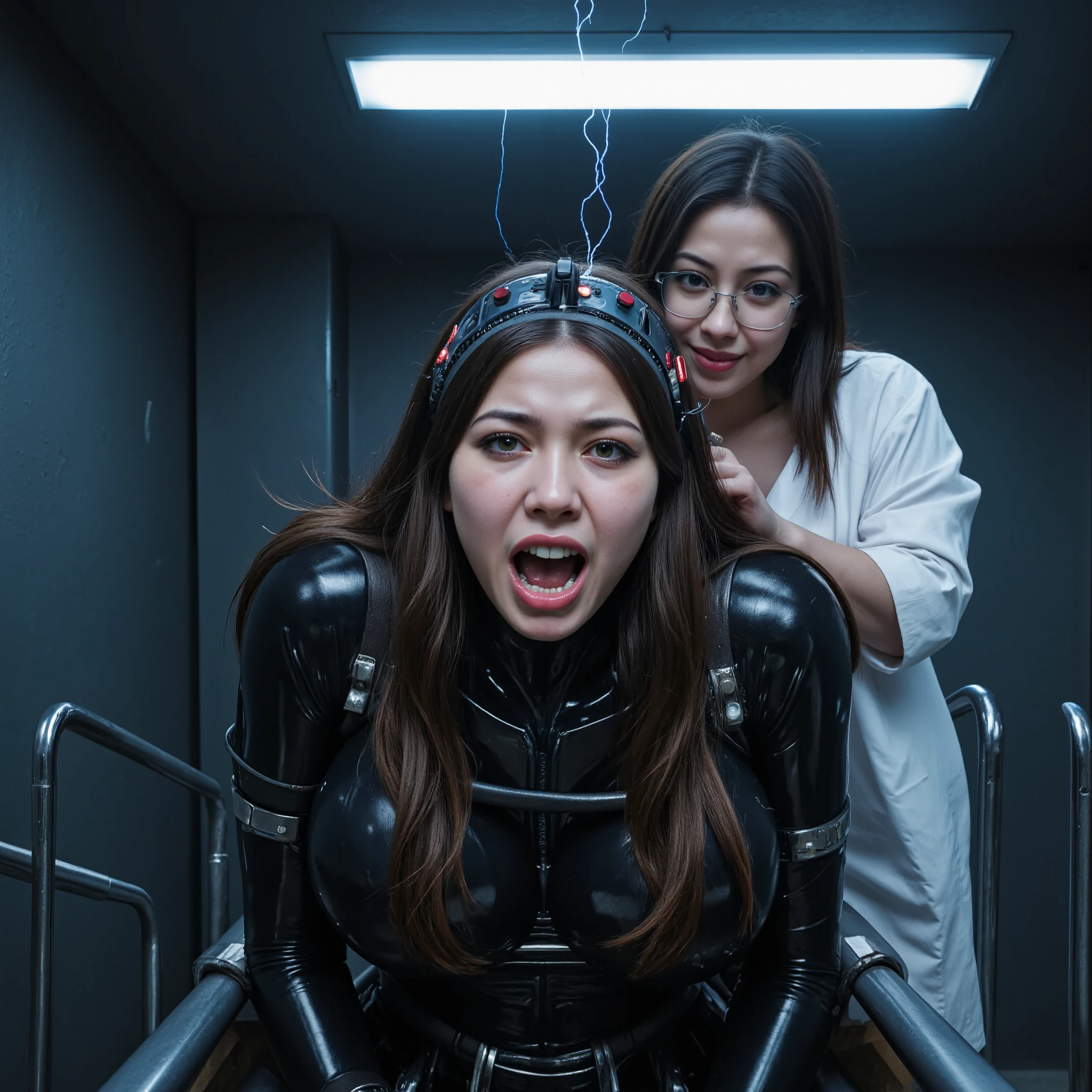 Photorealistic image of a distraught young Japanese woman with long brown hair, wearing a tight, ((shiny black latexsuit and restraints including a broad metal collar)) and (((((electronic mindcontrol headband over brows with several small controllights))))), ((((((sobbing with tears streaming down her face with an extremely terrified and painful expression, clenched teeth, furoowed brows, distorted, convulsed from electroshocks)))))). ((((She is seated and tied up with broad metal buckels on waist and arms to a metal frame)))) in a cold, futuristic laboratory, lightning arcing from the headband, a evil cynical smiling young woman wearing glasses and a white lab coat standing behind her, whispering into her ear, medium shot, dramatic lighting with bright warm white spotlight on both women, emphasing their warm skin tones and casting sharp shadows, cool color scheme with blues and greys in background, conveying a mood of fear and suspense, hyper detailed, HDR, 8K, professional photography.
