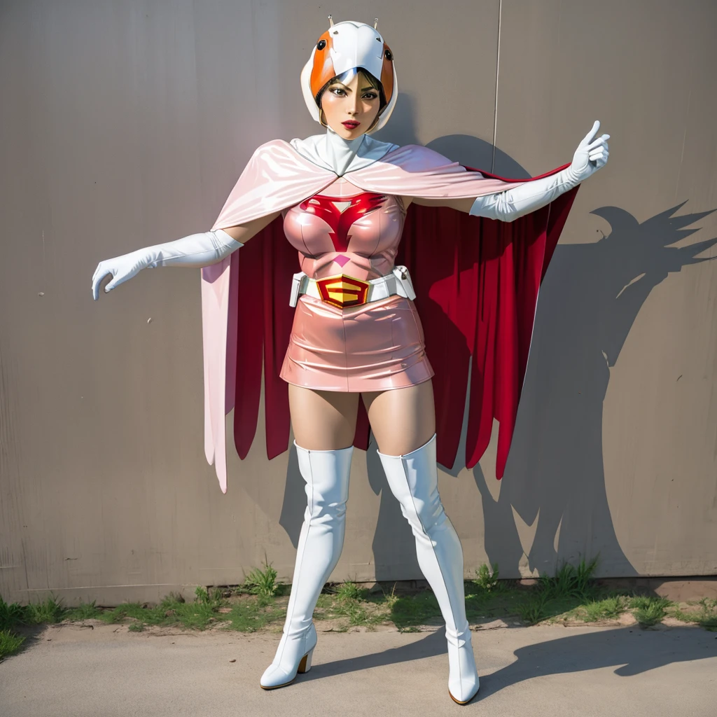 ANI_CLASSIC_jun_gatchaman_ownwaifu,1girl, 15yo,good ???????, masterpiece, best quality,realistic, hyperrealistic, 16k hdr, long hair,???????,green eyes,lips,?????????????,lipstick,makeup,gloves,cape,helmet,belt,elbow gloves,white gloves,mask,ultra miniskirt,leotard,spacesuit,white tight overknee highheels boots,pink dress,superhero,????????,cleavage,erected ???????,(???? pose,view from above),(???????????:1.1),????????