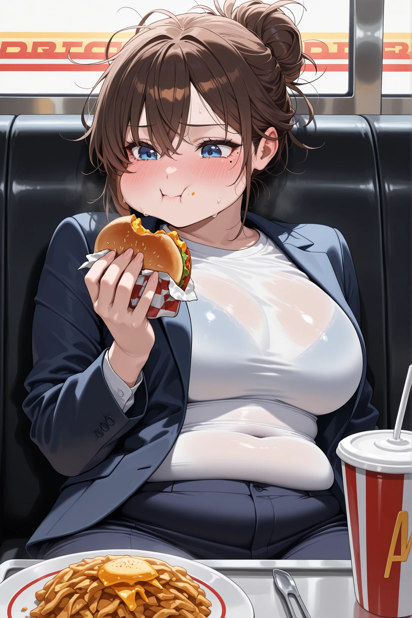 Watercolor painting,Perfect hand,masterpiece, best quality,very aesthetic, BREAK,(solo) (woman)(sitting in booth, eating, puffed cheek, frantic, dynamic scene, blushing, light sweat, looking at food, slight tears, messy hair, close up)(), (), (brown hair, hair bun, mole under eye, blue eyes), (office suit, white undershirt, blue blazer, dark blue office pants, open blazer, tight shirt, plump)(), BREAK (diner, fast food, food on table), (cinematic lighting)