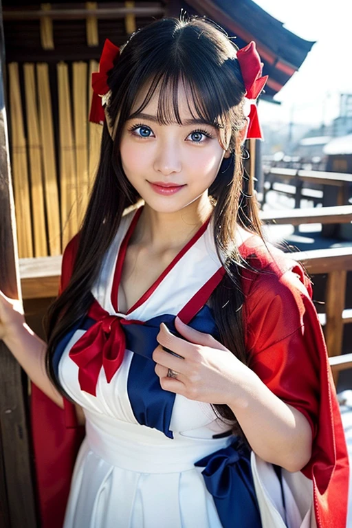 (masutepiece:1.3, Photorealsitic:1.4, 8K), top-quality, ​masterpiece, 超A high resolution, Perfect dynamic composition, Highly detailed skin and  texture:1.3, A detailed eye, Detailed limbs, Night precincts in snowy country:1.2, 1girl in, Cute sexy 22 year old slim woman, Fair skin, ((Natural smile:0.9, Totally captivates you:1.0)), (accurate shrine maiden costume:1.2), ((voluptuous breasts:0.9)) (Facing the front, Praying:0.7), (Beautiful blue eyes, Eyes that feel beautiful eros:0.85), Sexy face:0.4, (A mouthfeel that feels beautiful eros:0.85), ((Too cute beauty:0.9))