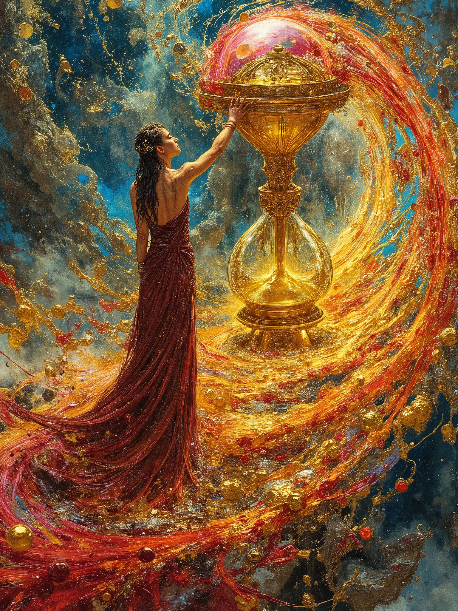 splashart, majestic portrayal of Pandora opening a gold chest letting all the evils of the world in swirling colors, Well detailed hourglass figure((abstract background)), piercingeyes, epic instagram, art stations, Color paint splash style+, contour lines, hyperdetailed intricately detailed, Unreal Engine, magnifica, intricate detailes, splash screen, Complementary color scheme, Realistic concept art, 8K分辨率, Masterpiece of deviance, an oil painting, heavy brushstrokes, Ink Drop, Splash gear