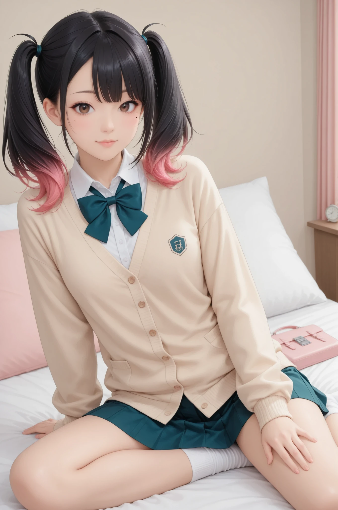 jpn-girl-V,美少女, 制服, プリーツスカート, ワイシャツ, プールの背景, Minami Yoshikawa
black hair with pink inner color hair, twin tails, asymmetrical hair, brown eyes, mole under the eye, slight build,