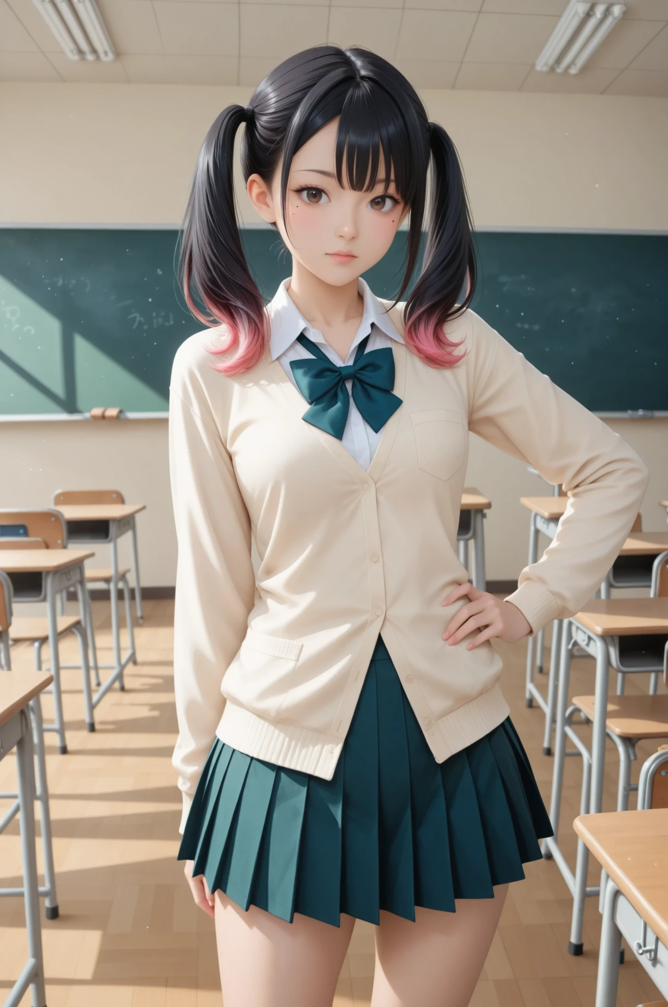 jpn-girl-V,Beautiful girl, uniform, pleated skirt, shirt, classroom background, Minami Yoshikawa
black hair with pink inner color hair, twin tails, asymmetrical hair, brown eyes, mole under the eye, slight build,