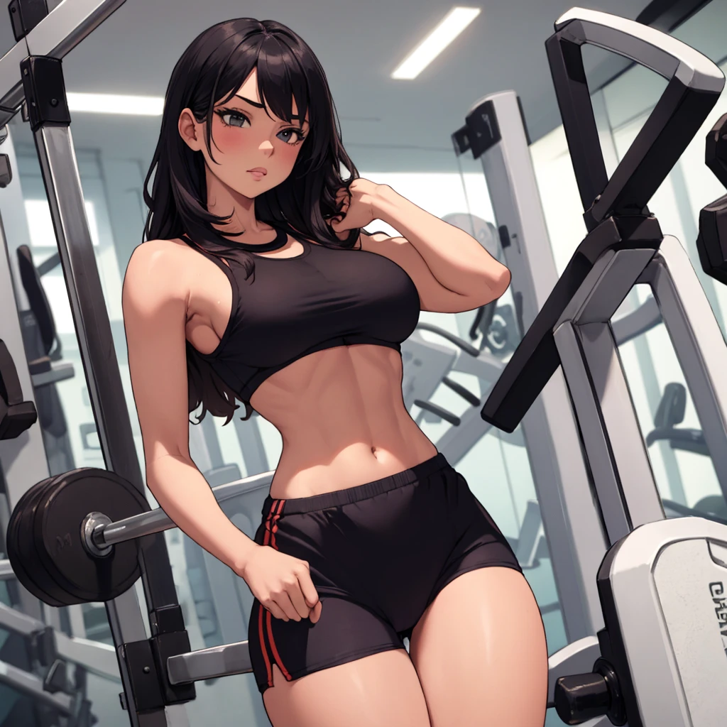 masterpiece, best quality, shadows, perfect hands, perfect legs, perfect ???????, pretty face, mature features, 1 girl, 21 years old, MILF, mature woman, cinematography lights, black wavy hair, siren eyes, ????????? eyes, pretty lips, thighs, ???, ??????, ?????????, spicy, posing, ???????, gym top,  tiny grey short, gym background,