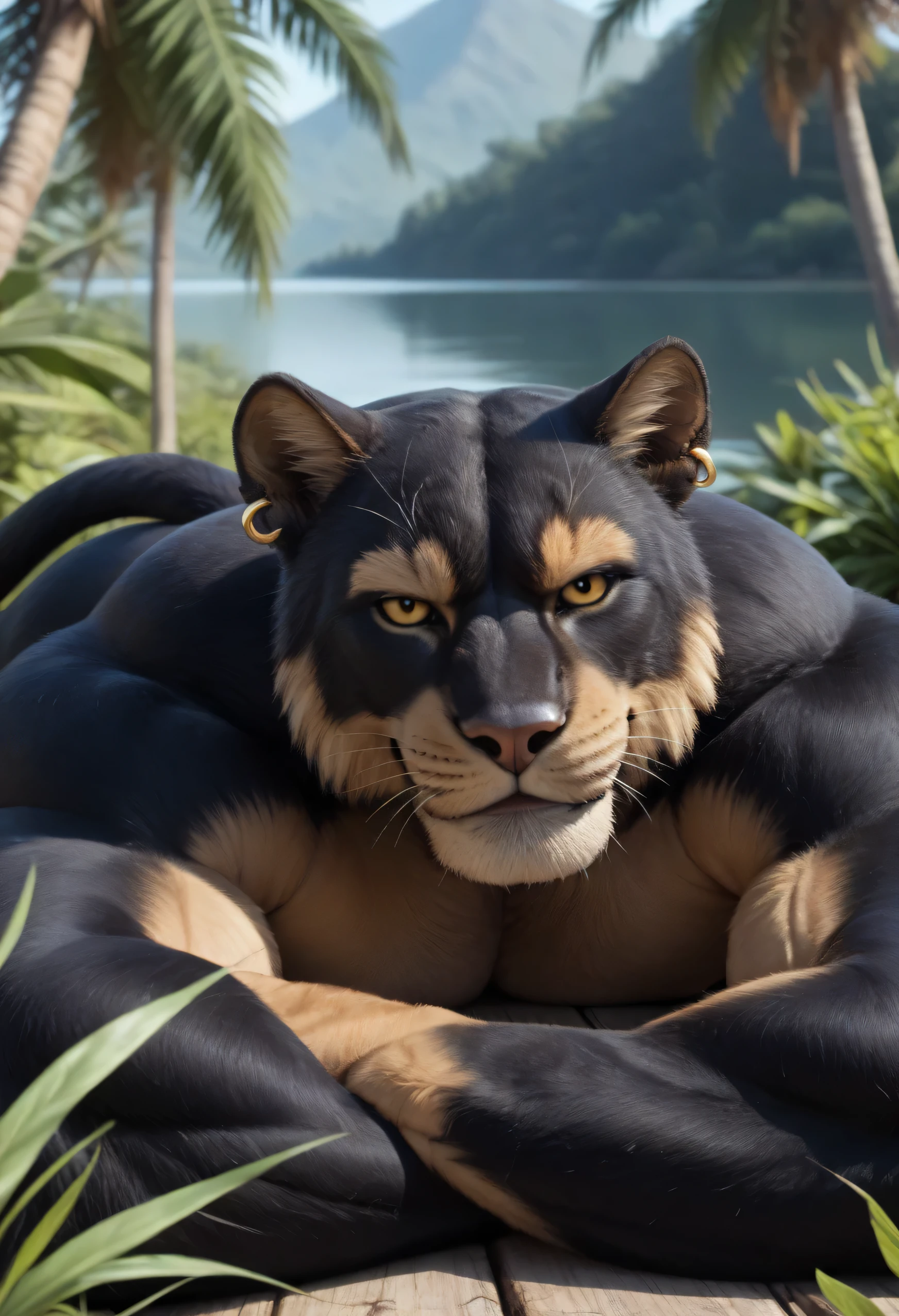 score _9, score _8_Up, score _7_Up, masterpiece, best quality, amazing quality, high quality, RAW photo, semi realistic, full body. (furry), (1boy), Huge Adult Male muscular bara Feline Black Panther, (Black Fur Body), Black Panther Fur, detail fur, Black Panther Tail, massive hyper veiny muscle, Massive bodybuilder physique, huge wide bulging pectoral, huge broad shoulders, huge bulging abs. (Realistic Detail Glowing Amber Eyes, emission strictly limited to pupils), (Black Sclera), (Realistic Detail Bara Furry Chiseled Male Handsome Black Panther Manly Face), Massive muscular butt. Nipple Piercings, ear piercings, rings, realistic human hands, (Natural palm color:1.2), 5 fingers, realistic human feet, 5 toes, (Natural soles color:1.2), Black Claws, huge size 25 feet, 10 feet tall. In a Realistic Rainforest near a lake, solo, (facing the viewer:1.5, front view:1.5), (lying on stomach:1.5), hand on his own cheek, focus face, close up face, smug smirk. Naked, Uncensored, Huge Bulge.