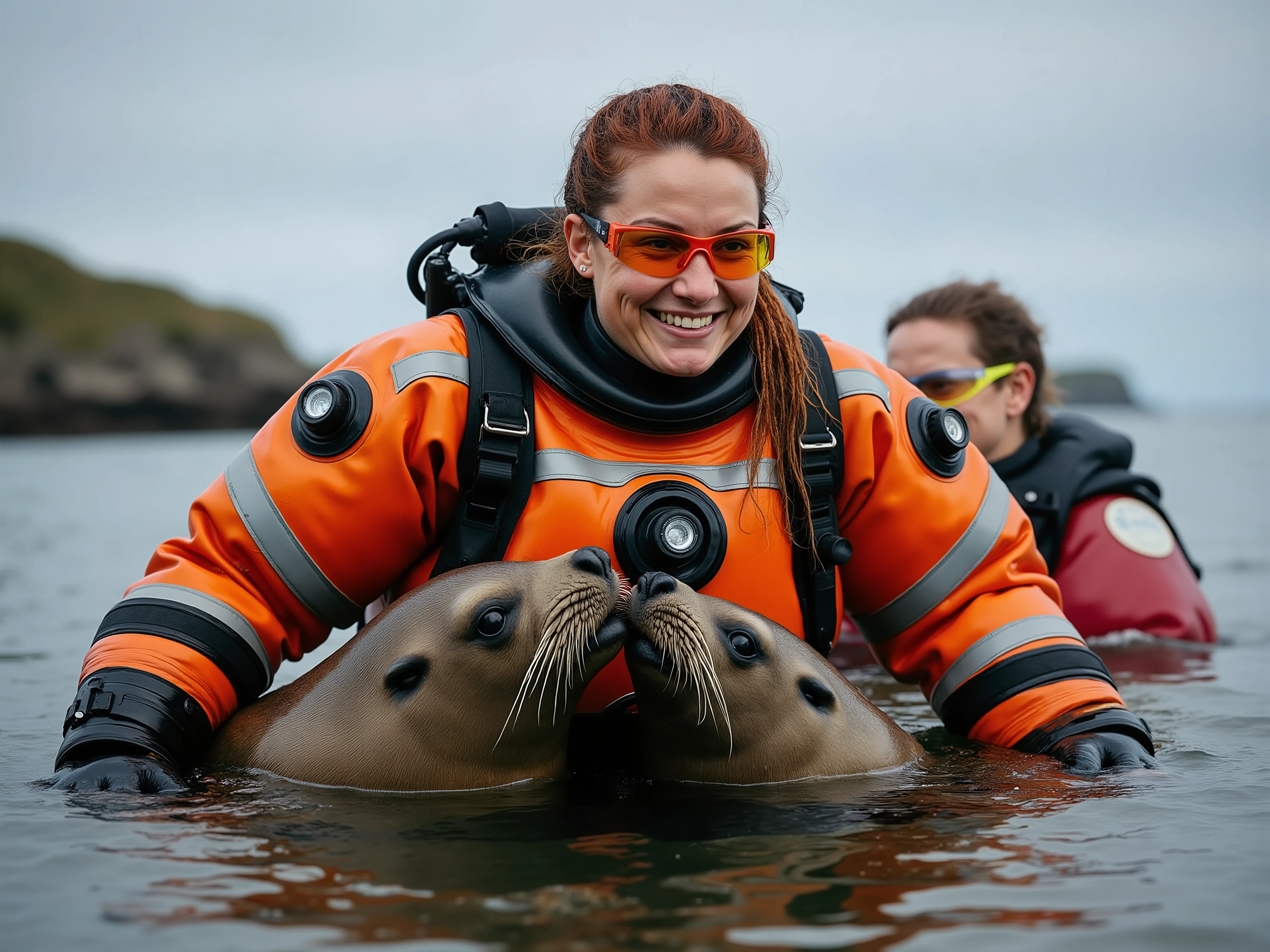 A powerful female deep-sea diver in a pressurized orange rubber drysuit with silver stripes with hydraulic joints and glowing orange visor, cutely squished between two fat sea lions in the shallow ocean waters surrounding an island, another female diver in a red drysuit with a yellow visor is laughing, the visors are 50% translucent glass