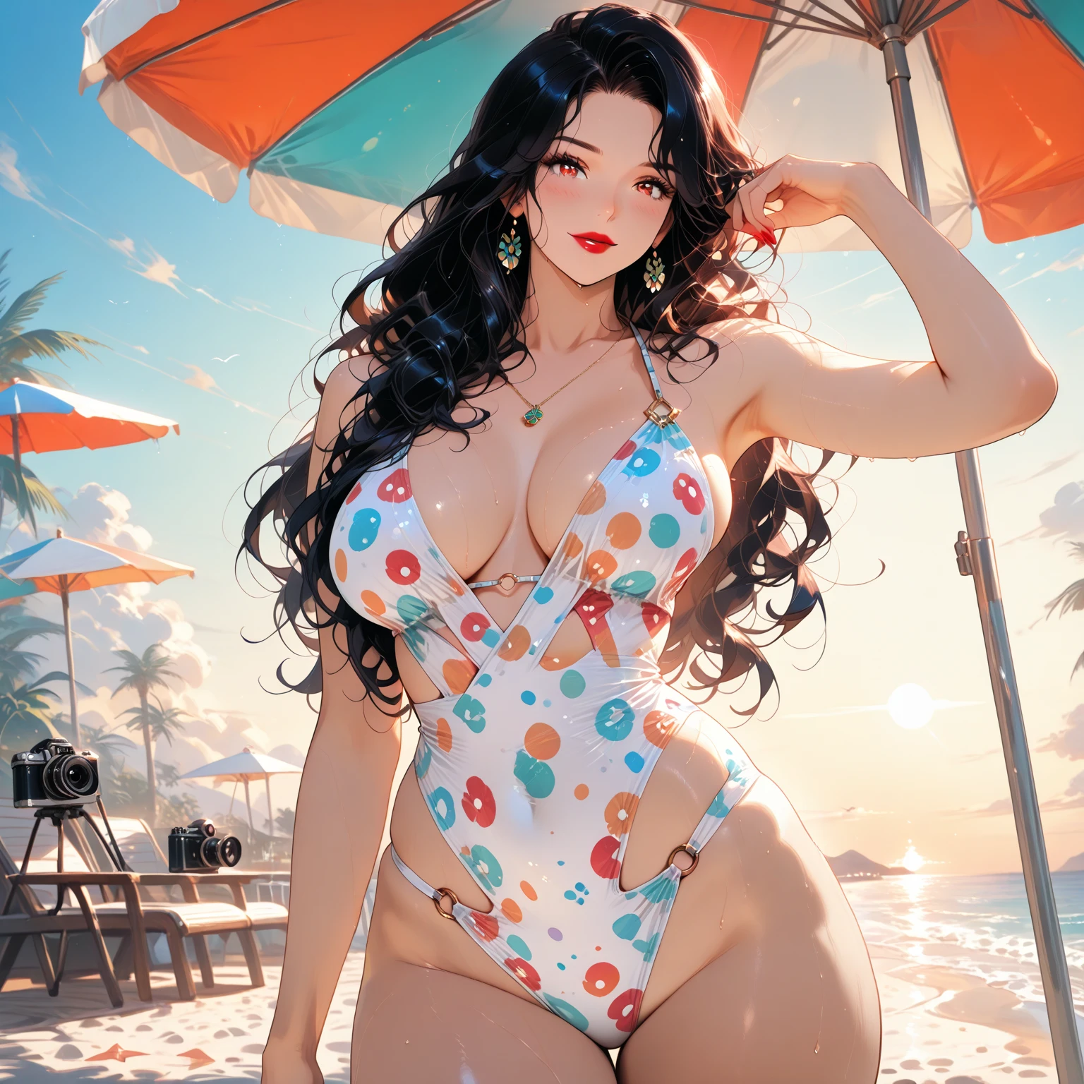 (masterpiece:1.2, best quality), (1lady, solo, upper body:1.2), Clothing: white flowy maxi dress, wide-brimmed hat, strappy sandals, Accessories: shell necklace, Hair: loose beach waves, Makeup: natural, glowing skin, Behavior: relaxed, carefree, free-spirited, Location: beach, resort, outdoor festival, red eyes, huge ????,full body, Jean-Baptiste Monge style, close-up, lovely woman lying on beach water, splashes, magical lights, WLOP, Artgerm and James Jean, by Pascal Blanche Rutkowski, Repin Artstation, Art of Aquirax, 8k, epic, focus sharp , hyper realistic painting, detailed character design concept art, matte painting, beautiful full body caucasian girl closeup, oil painting, stormy sunset reddish sky, abstract rough waves, concept art, skin wet with water, water drops, bubbles and wavy foam, digital art, glowing, cinematic, big glowing perfect eyes, filigree, surreal, fantasy, woman lying on sea water, volumetric lighting", "Best Quality", "Masterpiece, girl art Sakimichan style, slight smile, pubic hair view, 1 ???? girl in see-through beachwear, ???? ???????, open see-through T-shirt, mandala and flower tattoos, best quality, long curly black hair, long cascading hair, hair long curly, transparent ??????, black ??????, beautiful girl in short ?????? revealing beautiful pubic,