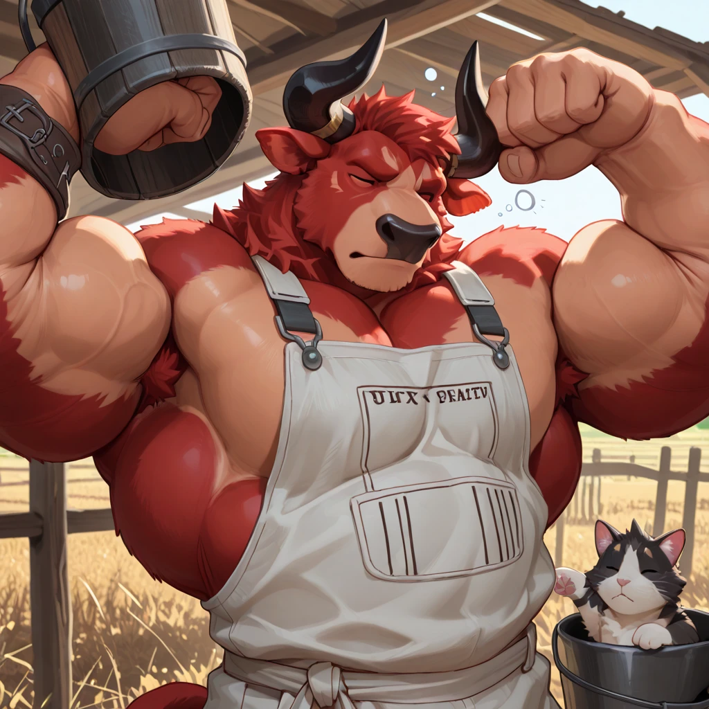 By Haps, Big Pecs, Fluffy Tail, ..., 2boys, abs, animal ears, bandages, bara, beard, belly, brown fur, bulge, colored sclera, cow ears, cow horns, cow tail, ear piercing,  hair, fat, furry, furry male, furry with furry, grabbing, horns, large pectorals, looking at another, male focus, mature male, minotaur, multiple boys, muscular, muscular male, navel, navel hair, , nose piercing, orange hair, pants, pectoral grab, pectorals, piercing, plump, short hair, stomach, tail, thick arms, thick eyebrows, tiger ears,  male, yaoi