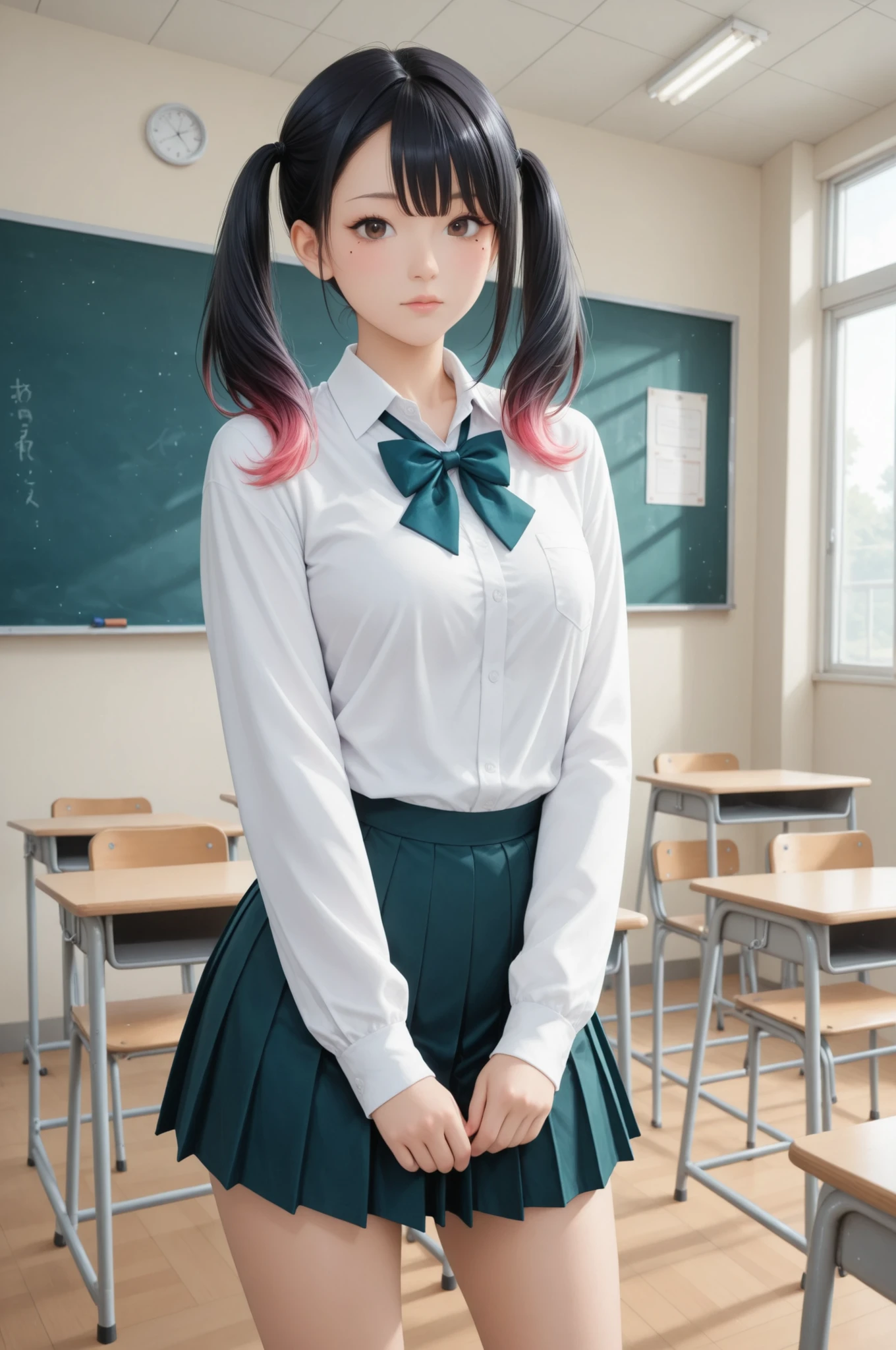 jpn-girl-V,Beautiful girl, uniform, pleated skirt, shirt, classroom background, Minami Yoshikawa
black hair with pink inner color hair, twin tails, asymmetrical hair, brown eyes, mole under the eye, slight build,