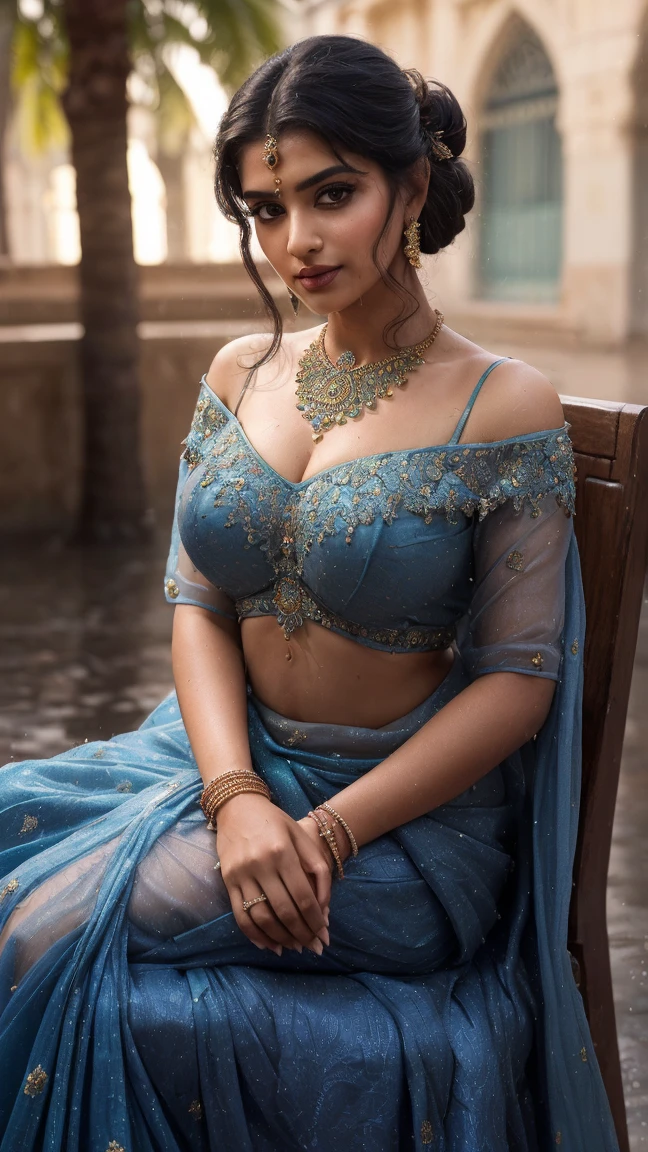 (masterpiece)((disheveled hair:1.2),( beautiful detailed eyes:1.1), Indian girl (wearing casual t_shirt ,street background, Bokeh, medium round  , side pose looking at viewer,long hair , hair bun,wet clothes, rainy season,heavy rain shower , enjoying rain, happy, big cheeks ,Outdoor image of 21yo in school school photo in school masterpiece, (photorealistic:1.7), best quality, beautiful lighting, Eleanor Latino Woman 20yo Old  Plus Size Model random colour beautiful eyes extremely high Bun long extreme curly hair Lifts wearing Indian flowers ethnic elegance princess saree salwar kameez. Flowers on hair (Persian princess)),off shoulder ,bra, Indian attire ,ultra realistic skin Best quality, masterpiece, Beautiful, young indian woman, teacher, college, looking straight at viewer, wearing elegant dark full sleeve top and long skirt, college classroom, sitting on chair, professionalism, teen age, detailed face, detailed body, symmetric face, cute face, dynamic pose, perfect , holding books with hands, photorealistic, curvy body, braid hair, 8k, ultra realistic, blackboard background, ambient occlusion(((Stunningly Beautiful persian Princesss ))), elegant blue black updo hair, sweet smile, Beautiful bride posing under a fairy tale arch of exotic magical flowers, looking back,elaborate scene style, crystal glass lattice, glitter, transparent embroidered lace, realistic style, 8k,exposure blend, medium shot, bokeh, (hdr:1.4), (cinematic), ( dark tones:1.3), (hyperdetailed:1.2),Realism,1 girl,girl wearing indian saree(dressed in transparent saree)(wearing glitter graphics jewelry)big , medium Breast,nipple,bright light ,long_hair, Bokeh , , indian ,tree branch, colourfull ,undersized bra,princess dress,lehenga choli((transparent dress))
