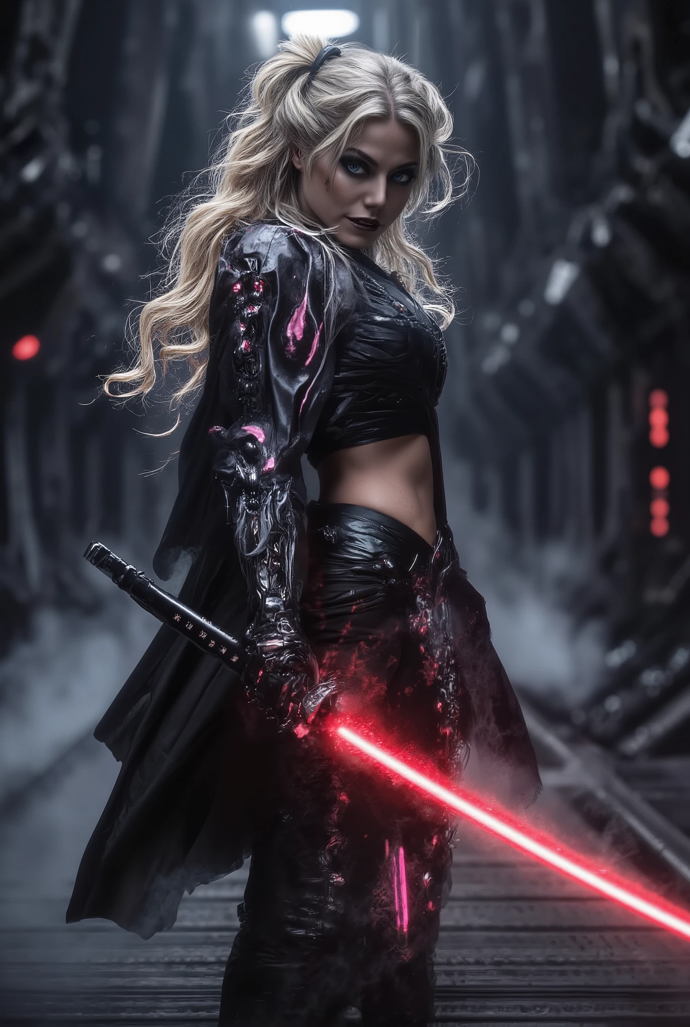 8K, HDR10+, sehr detailliert, Meisterwerk, detailed faces. Dynamic battle scene of a Sith assassin, In the dark, mist-filled passages of a spaceship and keeps a red-glowing lightsaber ready for battle. Every gesture of her hand and every look reveals absolute control over her powers, makes her enemies tremble before the fight. the head slightly lowered, determined look at the viewer. Her big and penetrating blue eyes, full intensity, convey an invincible confidence. Her face is illuminated red by the glow of her lightsaber. The long, blonde hair swirls dramatically. She is wearing a black tight-fitting battle suit, that accentuates her figure in a graceful way. one-piece with deep neckline, symmetrical hip openings and subtle ornaments and ornaments in pink. The hip area remains completely uncovered, filigree chain decorations decorate the exposed areas, while the rest of the body is tightly wrapped. On the long legs black leather boots, that reaches below the knees. The background is blurred, dunkle, passages of a futuristic spaceship filled with steam and fog. Sterile, glatte, round surfaces, a gloomy red light accentuates the atmosphere. Cineastischer Look, In the style of Rogue One with modern render quality, starke Kontraste, dynamic perspective