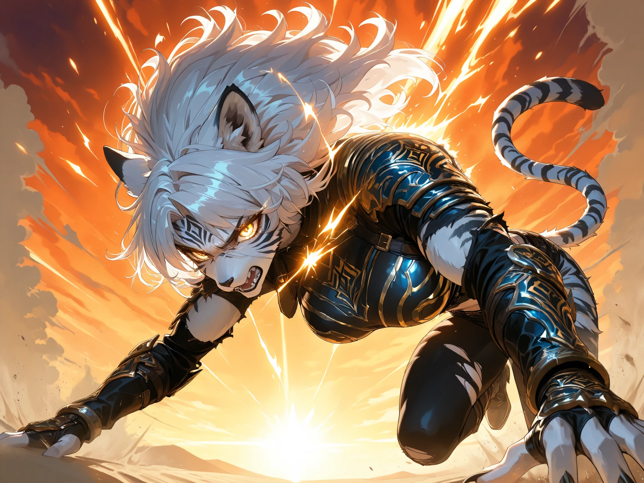 (masterpiece, best quality, highres, anime style, dynamic action scene, cinematic lighting, intense motion, horizontal composition), two beautiful beastwoman warriors, leaping toward each other in midair, across a dusty wilderness at sunset, tiger woman attacking from the left, wolf woman charging from the right, powerful impact about to happen, sand and dust exploding, glowing energy trails following their movements, their hair and tails flying wildly, tiger woman with golden eyes and striped tail, wolf woman with silver hair and wolf ears, fierce expressions, torn battle outfits, fiery orange sky, glowing sunlight behind them, dramatic and powerful composition, fantasic anime illustration, ultra-detailed, breathtaking moment