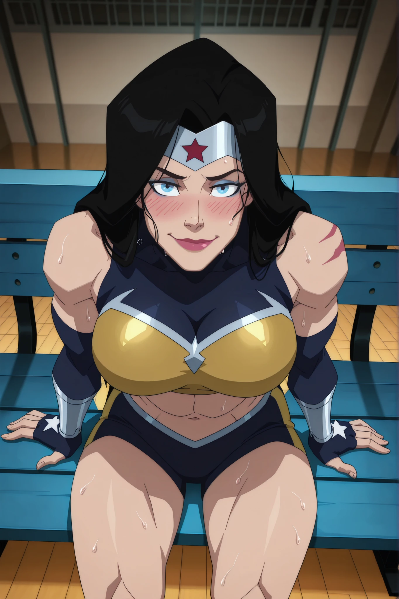 BREAK, score_6_up, score_7_up, score_8_up, score_9, 1girl, solo, long hair, blue eyes, black hair, bare shoulders, blue eyes, muscular female, midriff, bare shoulders, lipstick, makeup, wwBl00d, large breasts, busty, cleavage, curvy, athletic, looking at viewer, seducing viewer, teasing viewer, seductive expression, smiling, closed mouth, bedroom eyes, gold sports bra, gold gym shorts, gold fingerless gloves, indoors, gym, sitting on bench, closeup, portrait, upper body, high-angle view, blue eyeshadow, sweaty, sweat drops, blushing
