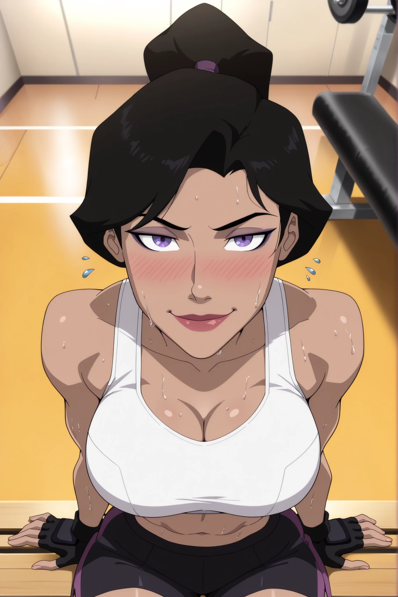 ((parody), perfect anatomy, perfect eyes) BREAK lois lane, black hair, ponytail, purple eyes, lipstick, makeup, ((looking at viewer)), large breasts, busty, cleavage, curvy, athletic, white sports bra, black gym shorts, black fingerless gloves, teasing viewer, seducing viewer, gym, indoors, sitting on bench, closeup, portrait, smiling, seductive expression, bedroom eyes, upper body, portrait, closeup, high-angle view, dark purple eyeshadow, sweaty, sweat drops, blushing