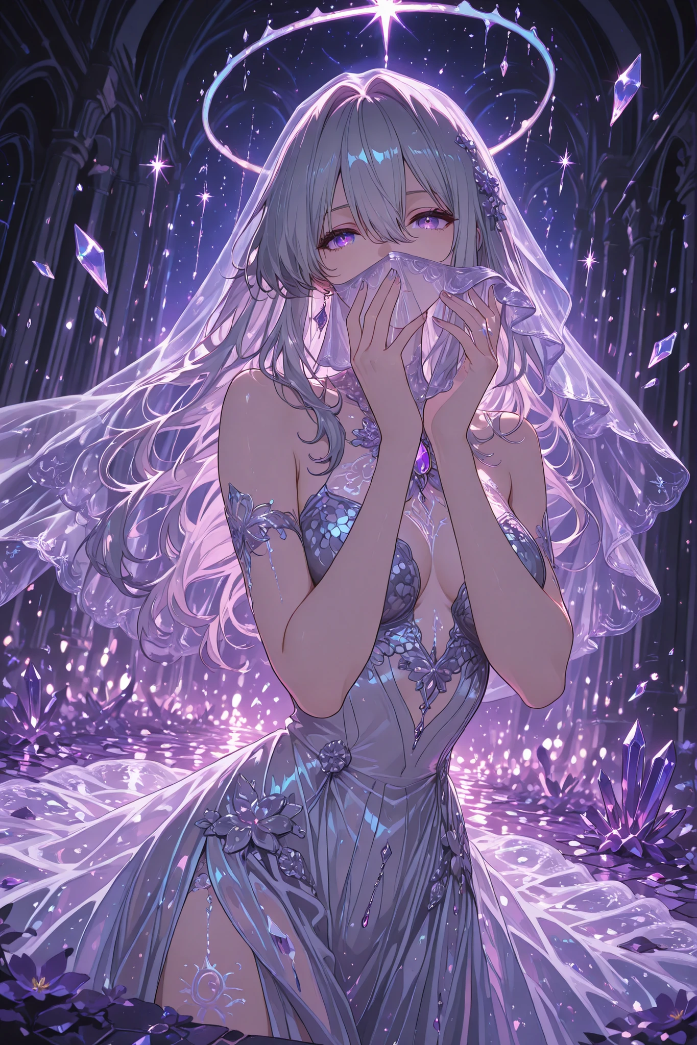 masterpiece, best quality, ultra-detailed, anime style, illustration, fantasy art, highly detailed eyes, luminous, fabulous, magical, soft lighting, stunning composition, bokeh effect, transparent shards, crystal texture, ethereal glow, holographic shards, pearlescent, holographic colors, translucent, glass, 1 woman, solo, young woman, early twenties, porcelain skin, long flowing silver hair with iridescent streaks, bright violet eyes radiating secrets, intense yet serene expression, wearing: (translucent veil with crystal shards: 1.4), (pearlescent dress with holographic patterns: 1.3), delicate glass jewelry with glittering gemstones, standing in a dreamlike realm of floating crystal shards and soft mist, background: starry night sky with cascading beams of holographic light, faint glowing runes hovering, action: (gently lifting the veil covering her face: 1.4), revealing piercing eyes that shine with hidden truths, (ethereal glow emanating from the eyes: 1.3), lighting: soft cinematic lighting with bokeh glows, backlight accentuating veil and dress, composition: close-up focus on face and eyes, dynamic angle, atmosphere: magical and mysterious, evoking hidden answers, inspired by 'Violet Evergarden' and 'Made in Abyss'.