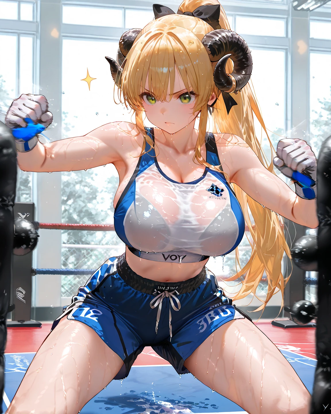 (masterpiece image, very detailed image, best high quality high definition image High very detailed Quality image, Very detailed high quality image), solo character, female wrestling, back view
1girl, absolute beauty, 28 years old,  fair pale skin, light blue eyes, cute delicated beauty features, long blonde golden hair tied in two pigtails with pink ribbons and blonde golden hair curly fringe near the nose, , round , beautiful legs, (light pale blue one piece leotard with a white stripe line in the belly, grey spandex shorts under the leotard, grey knee pads, light pale blue wrestling boots, light pale blue arms sleeves, grey elbow pads, ), cheerful friendly smiling, cocky attitude, deep femenine strong voice
 gym and wrestling ring