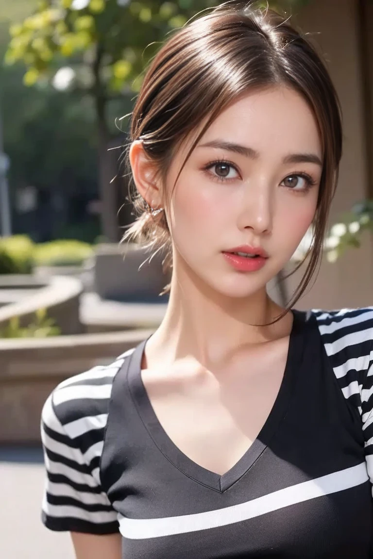 Tiger print T-shirt、Paw Shot、Highest quality, masterpiece, Ultra-high resolution, (Realistic:1.4), RAW Photos, One Girl, Off the shoulder, Dazzling Smile, Deep Shadow, Moderate, roadside,walk, 20-year-old,Cute face, Tight shirt,(head shot:1.5)