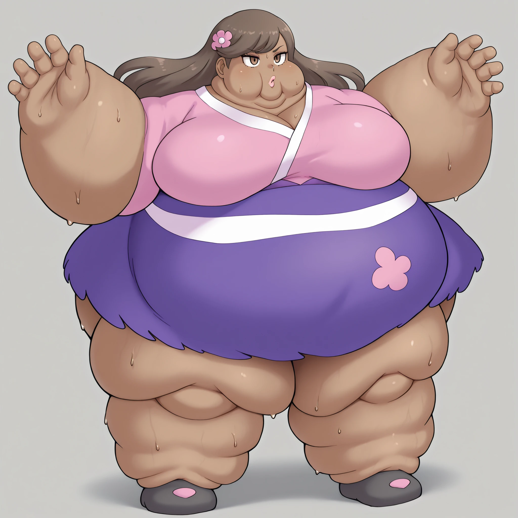 BlossomILXL, long hair, brown hair, brown eyes, pink kimono, blank_stare, empty_stare, fat, chubby, obese, gigantic arms and legs, large breasts, sweating, wet body, swollen face, Fat_neck , Fat head , eyes with crushed cheeks , nose with crushed cheeks , mouth with crushed cheeks , chin roll,
only head, large head, oversized limbs, large hands, large feet, oversized feet, oversized fingers, big lips, plump lips, fat face, fupa, big fupa, fat fupa,