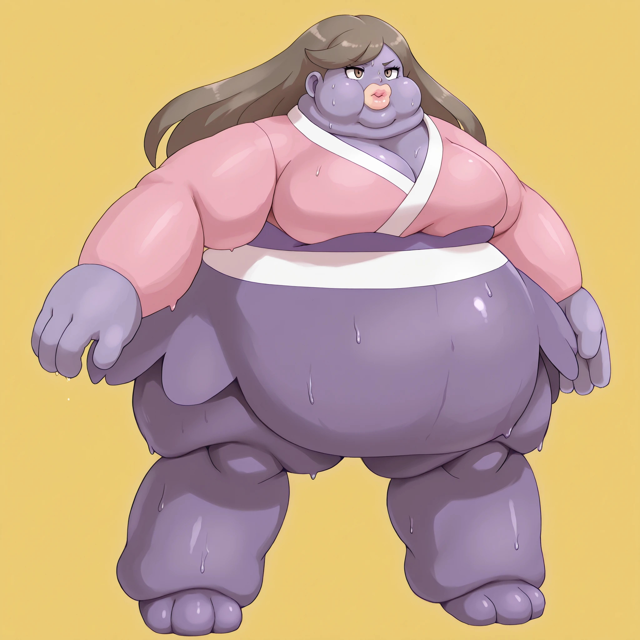 colored skin, lips, thick lips, pokemon (creature), no humans, purple skin, BlossomILXL, long hair, brown hair, brown eyes, pink kimono, blank_stare, empty_stare, fat, chubby, obese, gigantic arms and legs, large breasts, sweating, wet body, swollen face, Fat_neck , Fat head , eyes with crushed cheeks , nose with crushed cheeks , mouth with crushed cheeks , chin roll,
only head, large head, oversized limbs, large hands, large feet, oversized feet, oversized fingers, big lips, plump lips, fat face, fupa, big fupa, fat fupa,