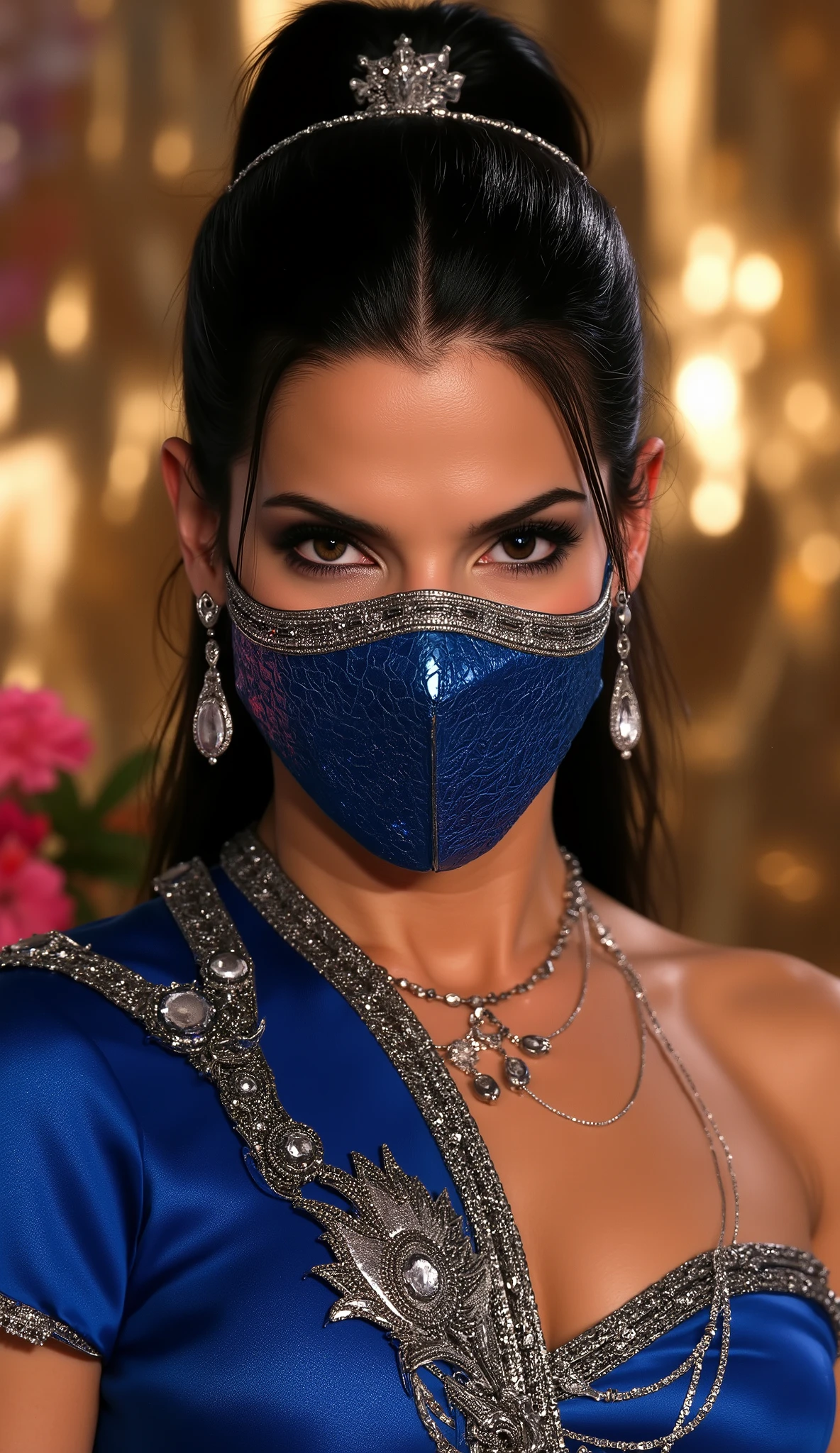 Hyperrealistic cinematic Close by Sandra Bullock as Kitana from Mortal Kombat, wearing elegant royal blue costume with silver details and shiny jewelry. Blue metallic mask covering only the mouth, with realistic polished metal texture and perfect fit to the face. Her expressive eyes reflect soft light. Background with golden reflections, flowers and blurred lights, creating depth . Ultra-realistic 8K cinematographic lighting, detailed silk texture, metal e pele, foco suave no rosto, noble and epic atmosphere.