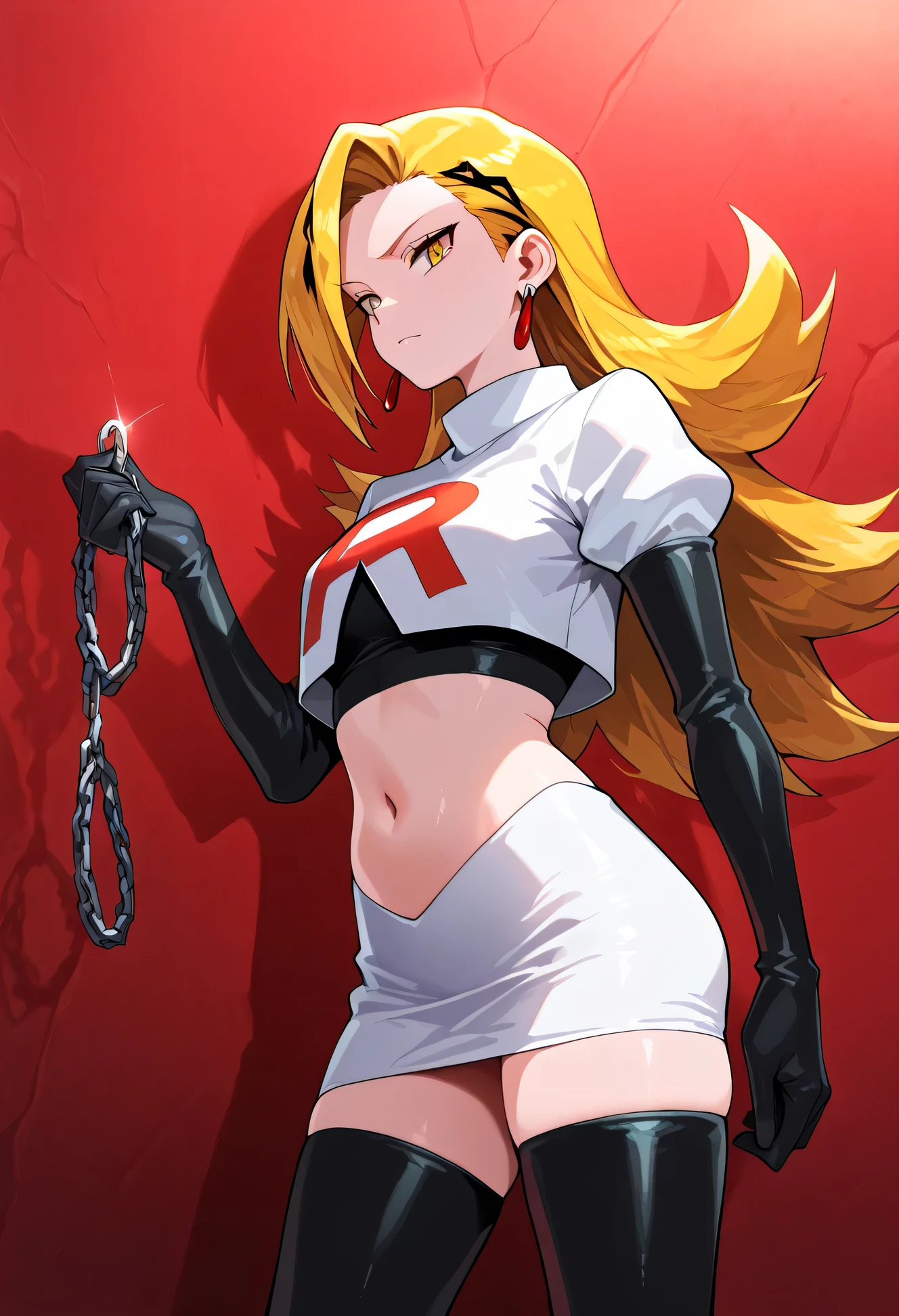 (masterpiece) ,best quality,incredible quality,very aesthetic,absurdres,most recent, Mira Kamiunten (Soldier in Chains), Team Rocket ,Team Rocket uniform,jupe blanche,lettre rouge R,haut court,bottes hautes noires jusqu'aux cuisses,gants de coude noirs, 1girl,KamiuntenMira, cheveux longs, boucles d'oreilles,cheveux jaunes,Holding chains,plan de cow-boy