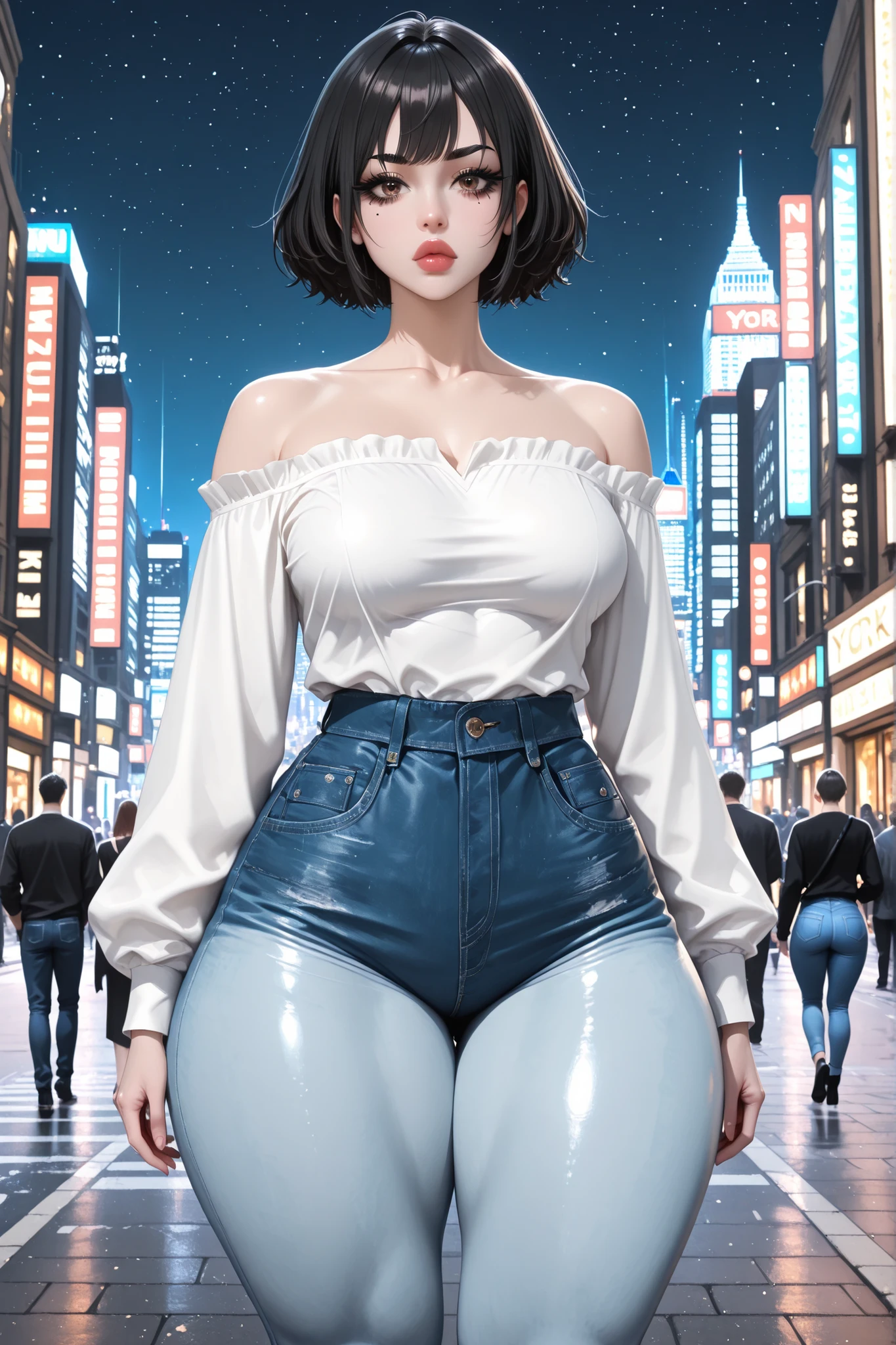 perfect body, black hair, short hair, black thin eyebrows, brown eyes, black eyelashes, black eyeliners, nose, thick lips, collarbone, medium breasts, (white off-shoulder long sleeve shirt), (blue denim jeans, short jeans), (thick thighs:1.3), (standing), ((night sky, new york city, street)), looking at viewer