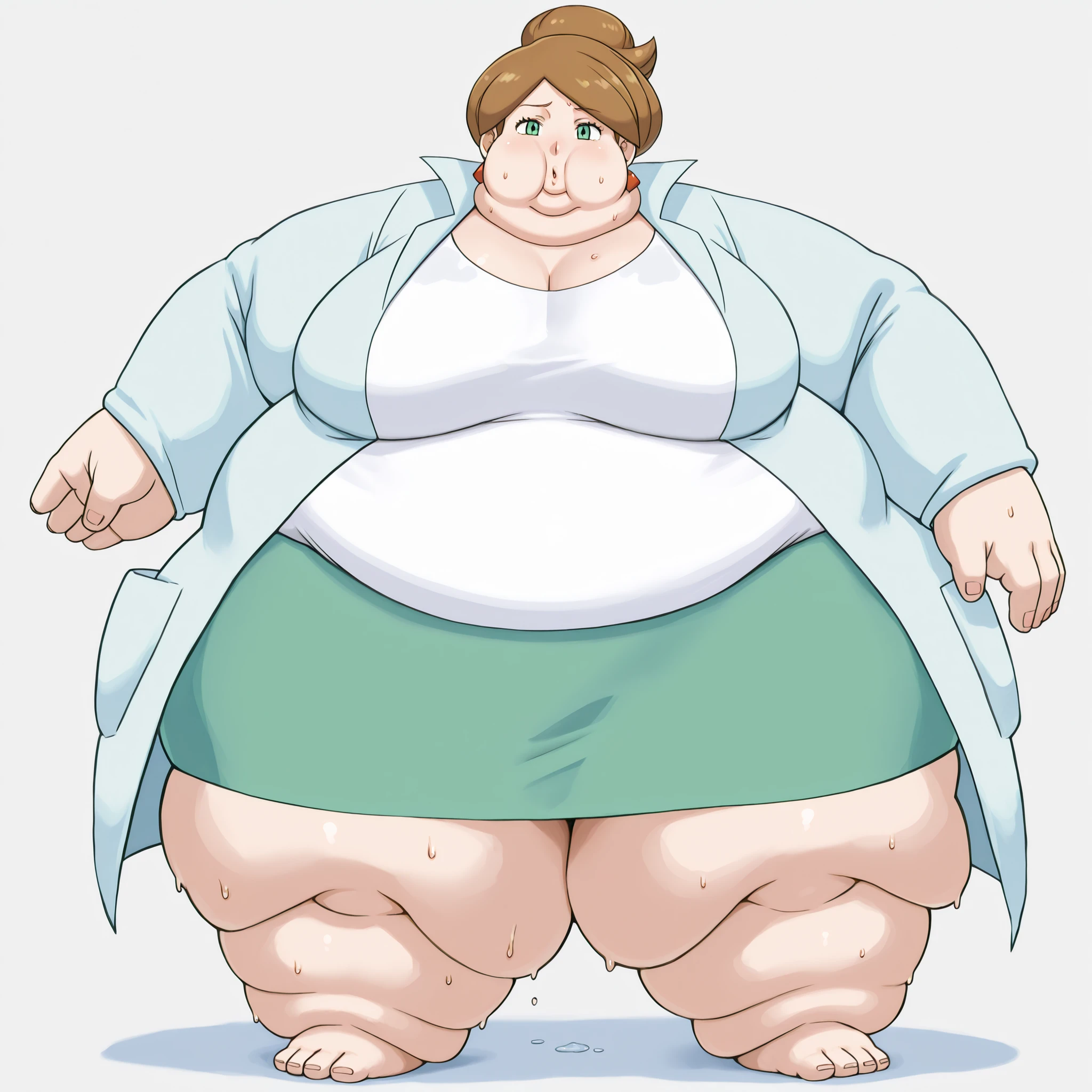 1girl, solo, c-juniper, mature female, green eyes, hair bun, brown hair, lab coat, green skirt, earings, white shirt, long sleeves, blank_stare, empty_stare, fat, chubby, obese, gigantic arms and legs, large breasts, sweating, wet body, swollen face, Fat_neck , Fat head , eyes with crushed cheeks , nose with crushed cheeks , mouth with crushed cheeks , chin roll,
only head, large head, oversized limbs, large hands, large feet, oversized feet, oversized fingers, big lips, plump lips, fat face, fupa, big fupa, fat fupa,