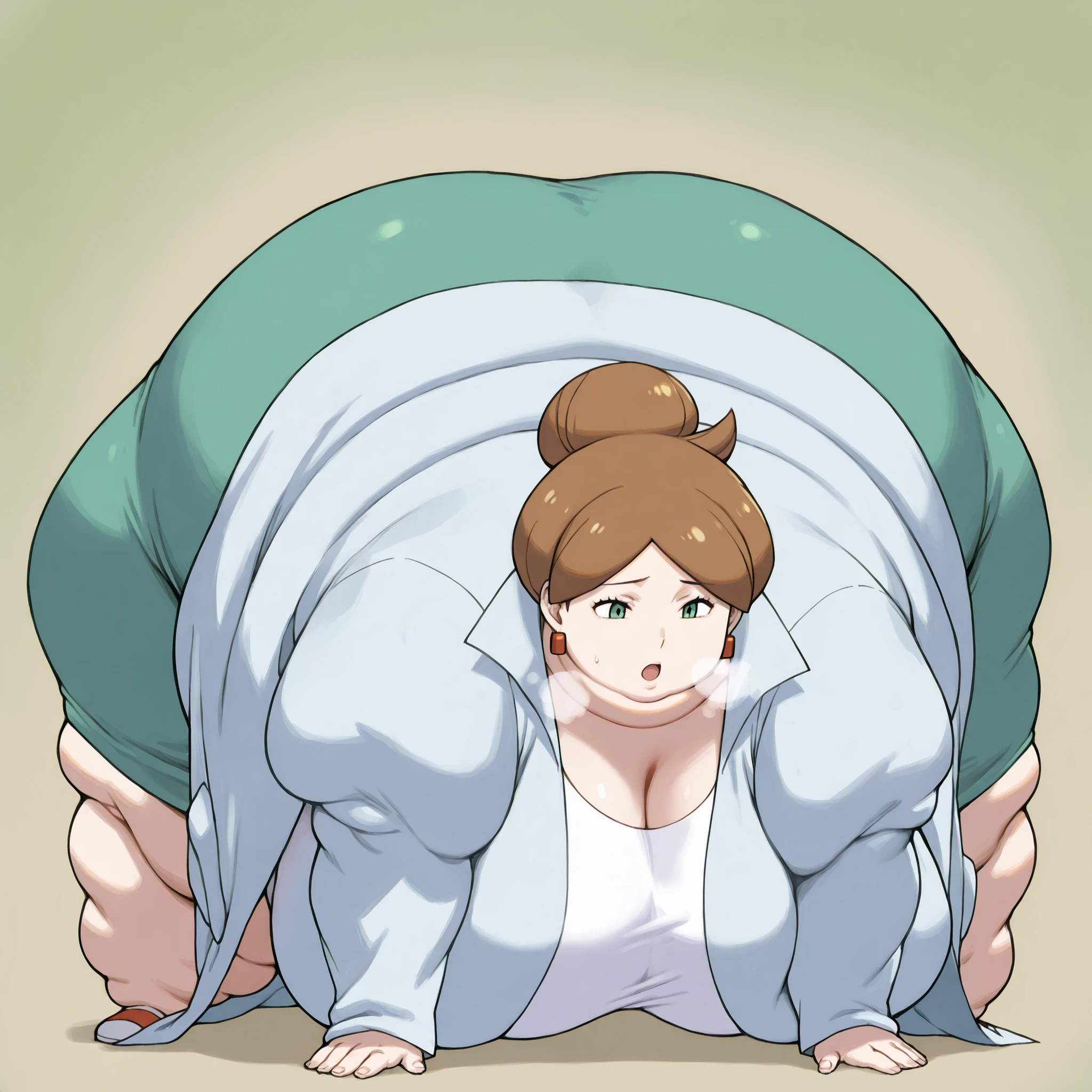 1girl, solo, c-juniper, mature female, green eyes, hair bun, brown hair, lab coat, green skirt, earings, white shirt, long sleeves, fat, chubby, obese,, big breasts open mouth, out of breath, Larger female, full body shot, bending over, bending down, back view, back side