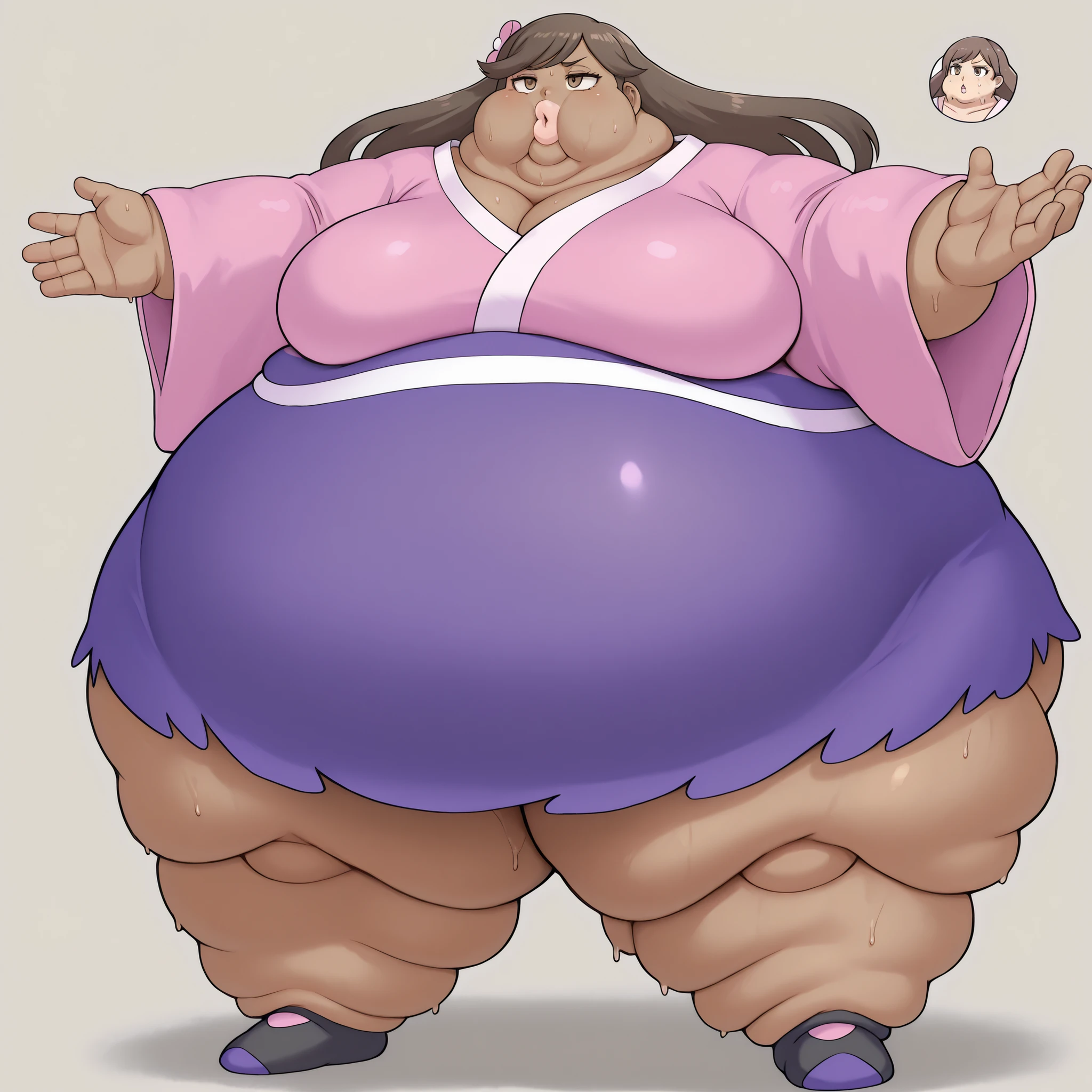 BlossomILXL, long hair, brown hair, brown eyes, pink kimono, blank_stare, empty_stare, fat, chubby, obese, gigantic arms and legs, large breasts, sweating, wet body, swollen face, Fat_neck , Fat head , eyes with crushed cheeks , nose with crushed cheeks , mouth with crushed cheeks , chin roll,
only head, large head, oversized limbs, large hands, large feet, oversized feet, oversized fingers, big lips, plump lips, fat face, fupa, big fupa, fat fupa,