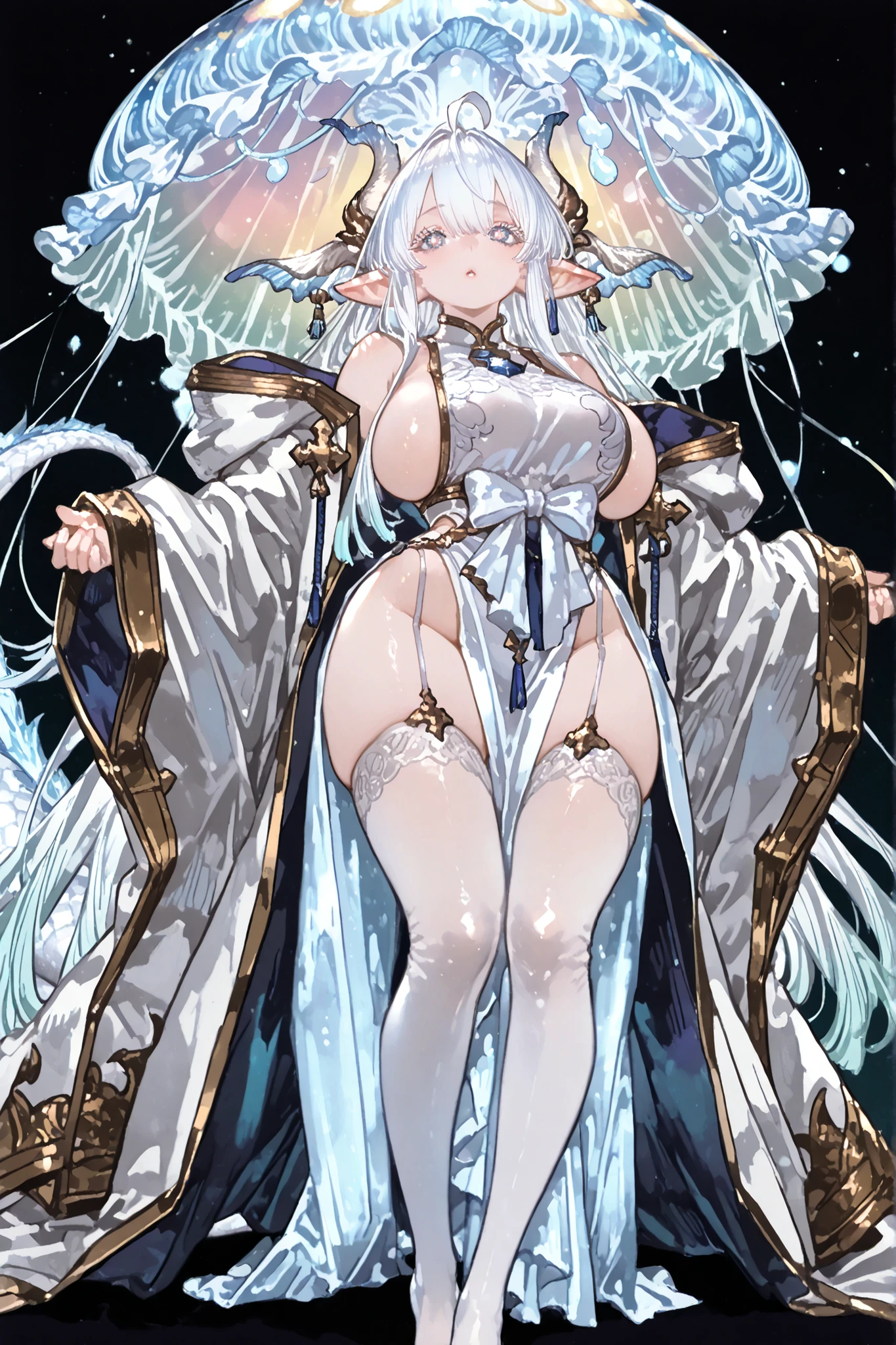 (Solo), (portrait), (Pastel colours), (Vivid colours), heavenly dragon goddess girl, gbfwam, big elf ear, animal ears, ahoge, blue eyes, + +, flower-shaped pupils, wamdef, white dress, bare shoulders, sleeveless, adult Wamdus granblue fantasy, big waist bow, open coat, gold trim, detached sleeves, wide sleeves, pelvic curtain, white thighhighs, very big breast, white big chinese dragon horns with white-gold patters, big dragon wings with white-gold patters, big dragon tail with white-gold patters, white hair, very long thick hair, green-blue gradient gilded dragon eyes, white albino eyelashes, white luxury sexy priestess robe with hood, white beautiful lace stockings, fulbody, mage robe, standing up, head to toe, bare feet, detailed eyes, pelvic curtain dress, boob curtain,massive hoodie down her arms, long dress tail, jellyfish girl, long legs, big boobs, adult curvy and sexy body, making a floating pose leaning against a big jellyfish