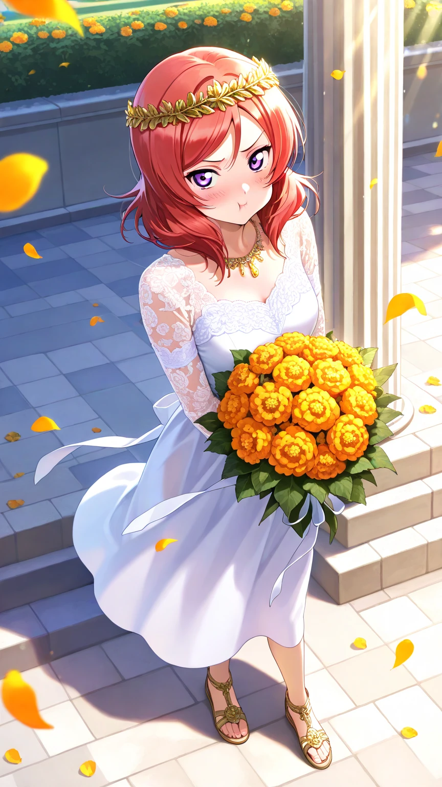 masterpiece, best quality, highres, Yuigahama Yui, short hair, single hair bun, red eyes, breasts, wedding dress, white dress, strapless, cleavage, smile, open mouth, holding bouquet, confetti, garden