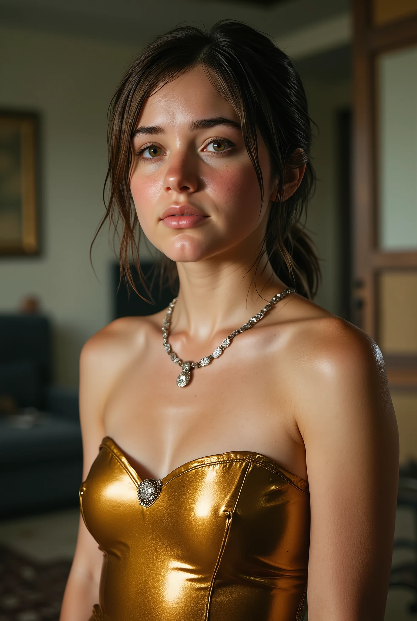 sharp and well-defined details, detailed skin, skin texture, visible skin pores, Young girl standing, SIDE VIEW, detailed face, gold latex shiny strapless dress, rainbowcore , robotic expressionism , Perry Rhodan, Juan Trumbull , (masterpiece:1.5) ( photorealistic:1.1) (bokeh) ( the best quality) ( detailed) ( intricate) (8K) (HDR-10) ( wallpaper) ( cinematic lighting) ( sharp focus on the eyes ) ( You can see the skin texture:1.2), different poses, in the background a very messy and dirty abandoned room, big breasts, She wears an elegant diamond necklace