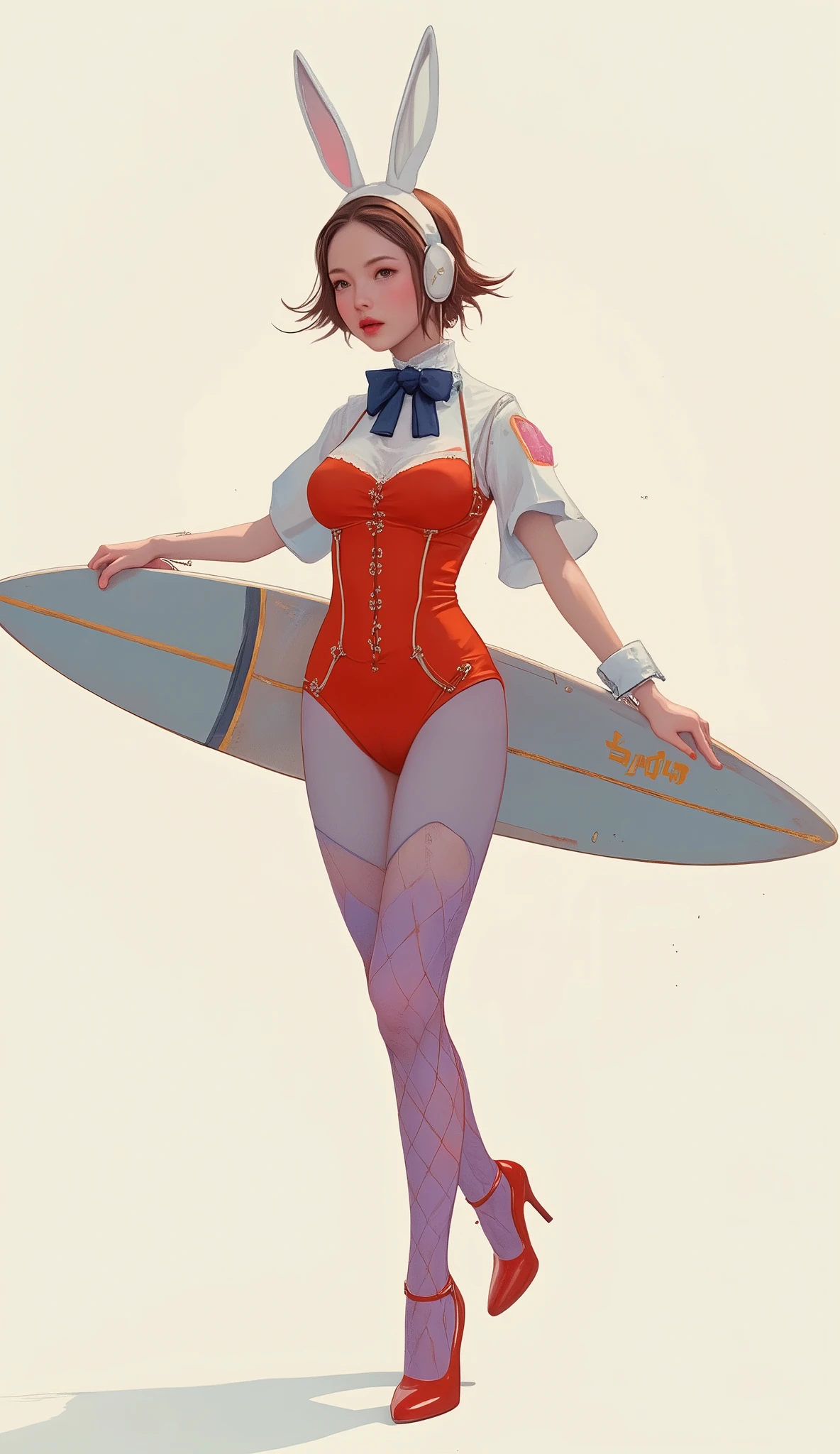 Picture of a woman surfing brilliantly in the air、Slender surfboard、A woman wearing a playful and striking outfit that combines elements of glamor and fantasy.retro bunny girl costume、 she fits perfectly、and wears a bright red corset-shaped leotard that accentuates her curves, adds a touch of glamor. to complete her ensemble by pairing large white bunny ears, that adds a whimsical touch to the texture、 with a dark blue bow tie around her neck. The costume also comes with light purple fishnet tights that extend to the legs, Velvet,shiny red high heels、bright brown hair、white wrist collar、bare hands、beautiful hands、simple decoration、 The costume has been polished to a sophisticated finish.Anatomically Correct、white background、