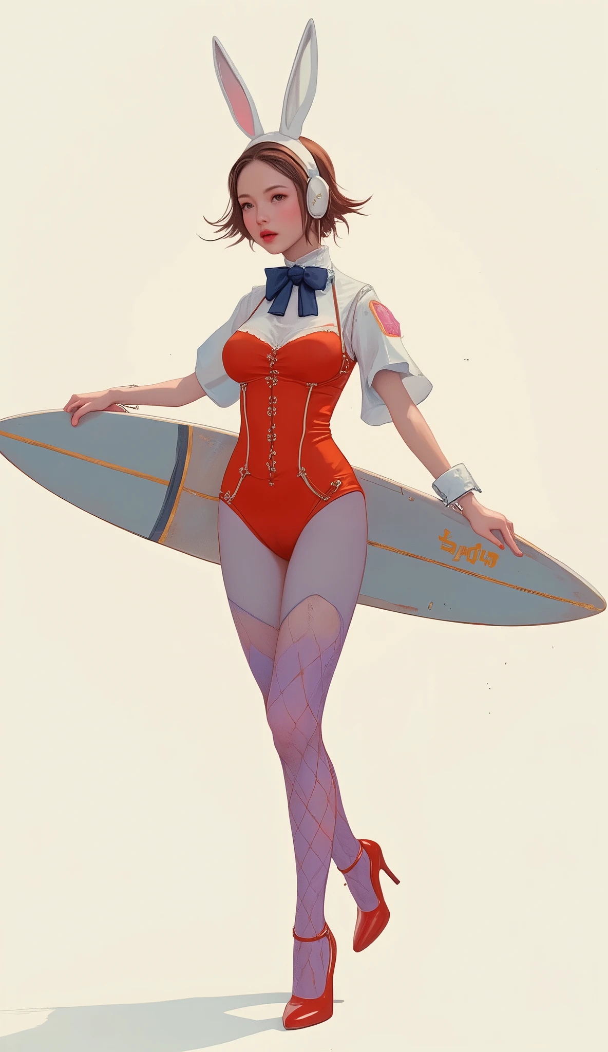 Picture of a woman surfing brilliantly in the air、Slender surfboard、A woman wearing a playful and striking outfit that combines elements of glamor and fantasy.retro bunny girl costume、 she fits perfectly、and wears a bright red corset-shaped leotard that accentuates her curves, adds a touch of glamor. to complete her ensemble by pairing large white bunny ears, that adds a whimsical touch to the texture、 with a dark blue bow tie around her neck. The costume also comes with light purple fishnet tights that extend to the legs, Velvet,shiny red high heels、bright brown hair、white wrist collar、bare hands、beautiful hands、simple decoration、 The costume has been polished to a sophisticated finish.Anatomically Correct、white background、