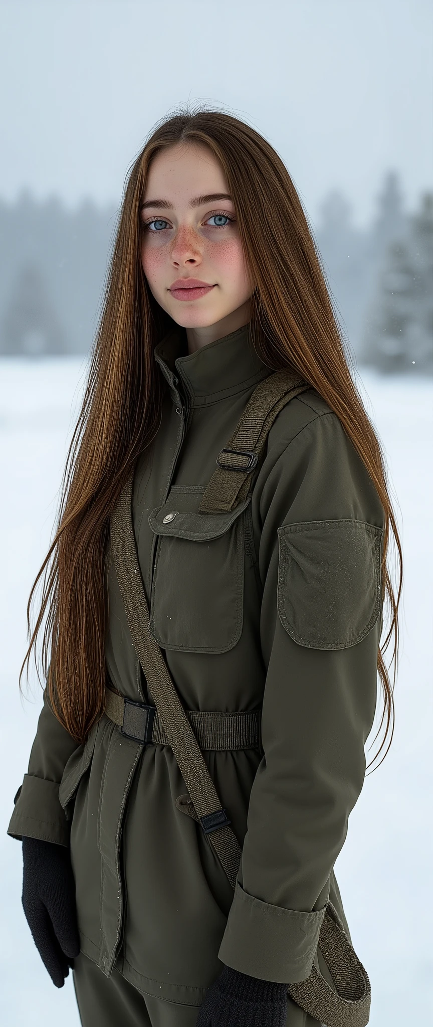 fair-skinned girl , cabelo liso , cabelo comprido , cabelo castanho, neve , army clothes, olhos azuis