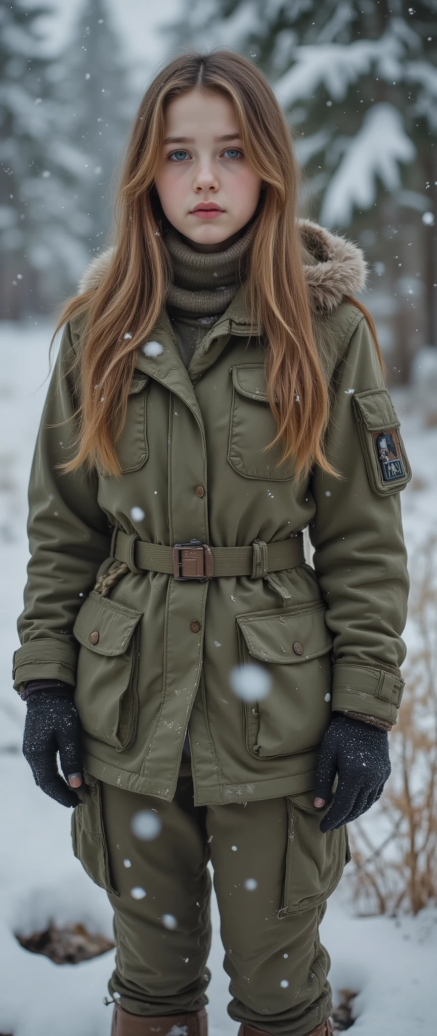 fair-skinned girl , cabelo liso , cabelo comprido , cabelo castanho, neve , army clothes, olhos azuis