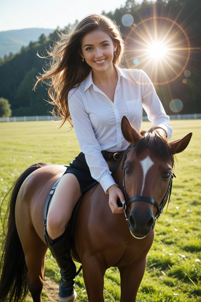 full body,from below,photo of a 18 year old girl,riding on a horse,happy,looking at viewer,ray tracing,detail shadow,shot on Fujifilm X-T4,85mm f1.2,sharp focus,depth of field,blurry background,bokeh,lens flare,motion blur,<lora:add_detail:1>,