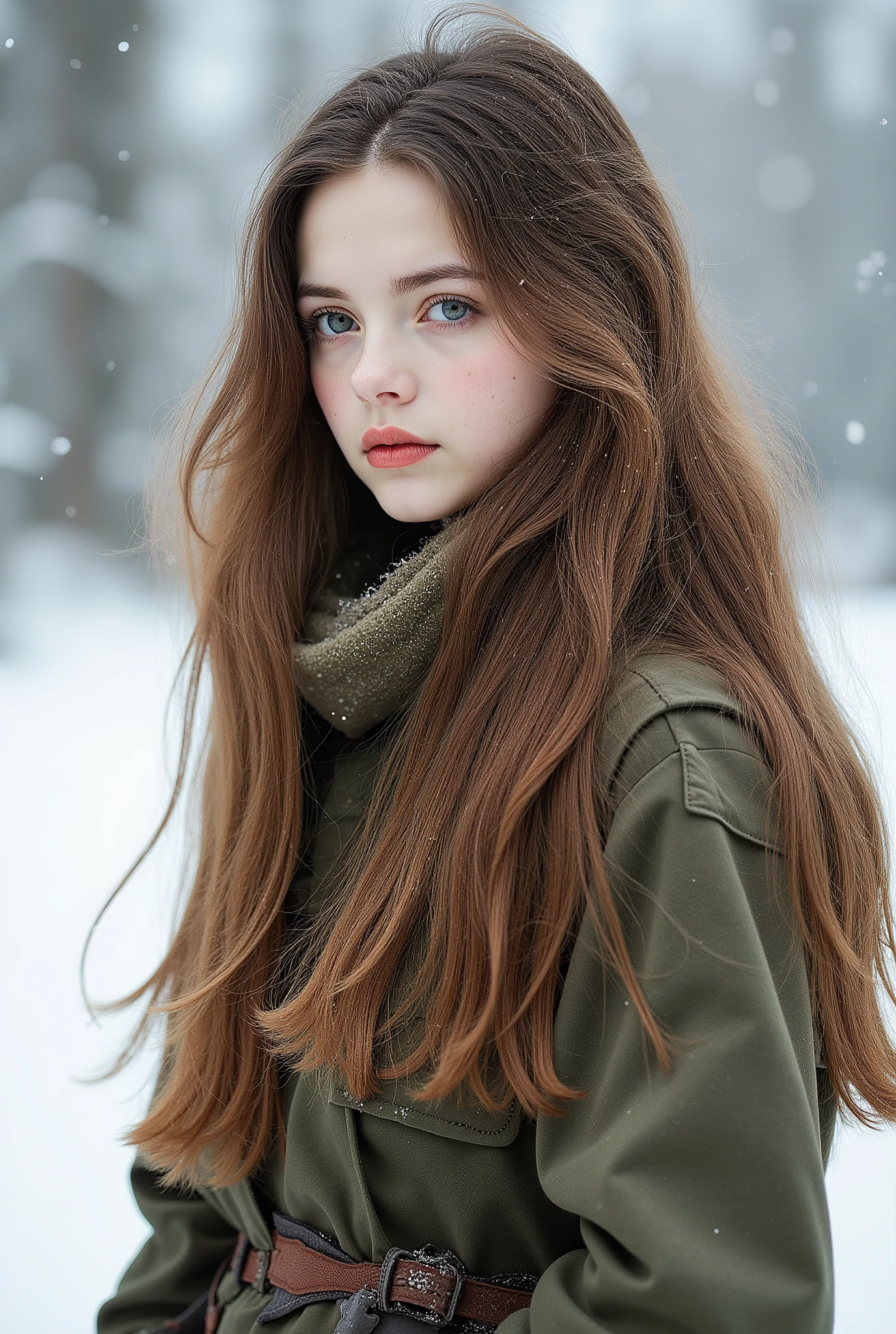 fair-skinned girl , cabelo liso , cabelo comprido , cabelo castanho, neve , army clothes, olhos azuis