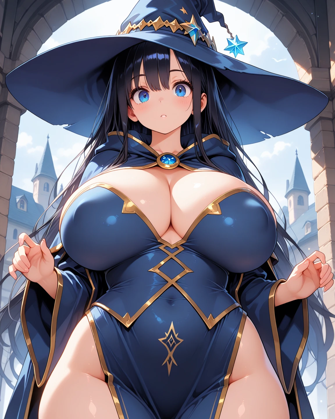 artstudt,????, ????? ????? out, exposed ?????, visible ???????, big ?????, exposed belly,(official art, extremely detailed CG unity 8k wallpaper),(1girl:1.3),beautifully detailed eyes, detailed fine nose, detailed fingers, (8k), (best quality), ( masterpiece:1.2), (realistic), ( photorealistic:1.37), extremely detailed beautiful, shiny skin, wizard hat,???? cropped ????????, gloves, ???? stockings, monadef, mona, genshin impact , large ??????, dark blue hair, book, magic, bedroom with books: sitting on the bed, bedroom, detailed eyes, (awake)