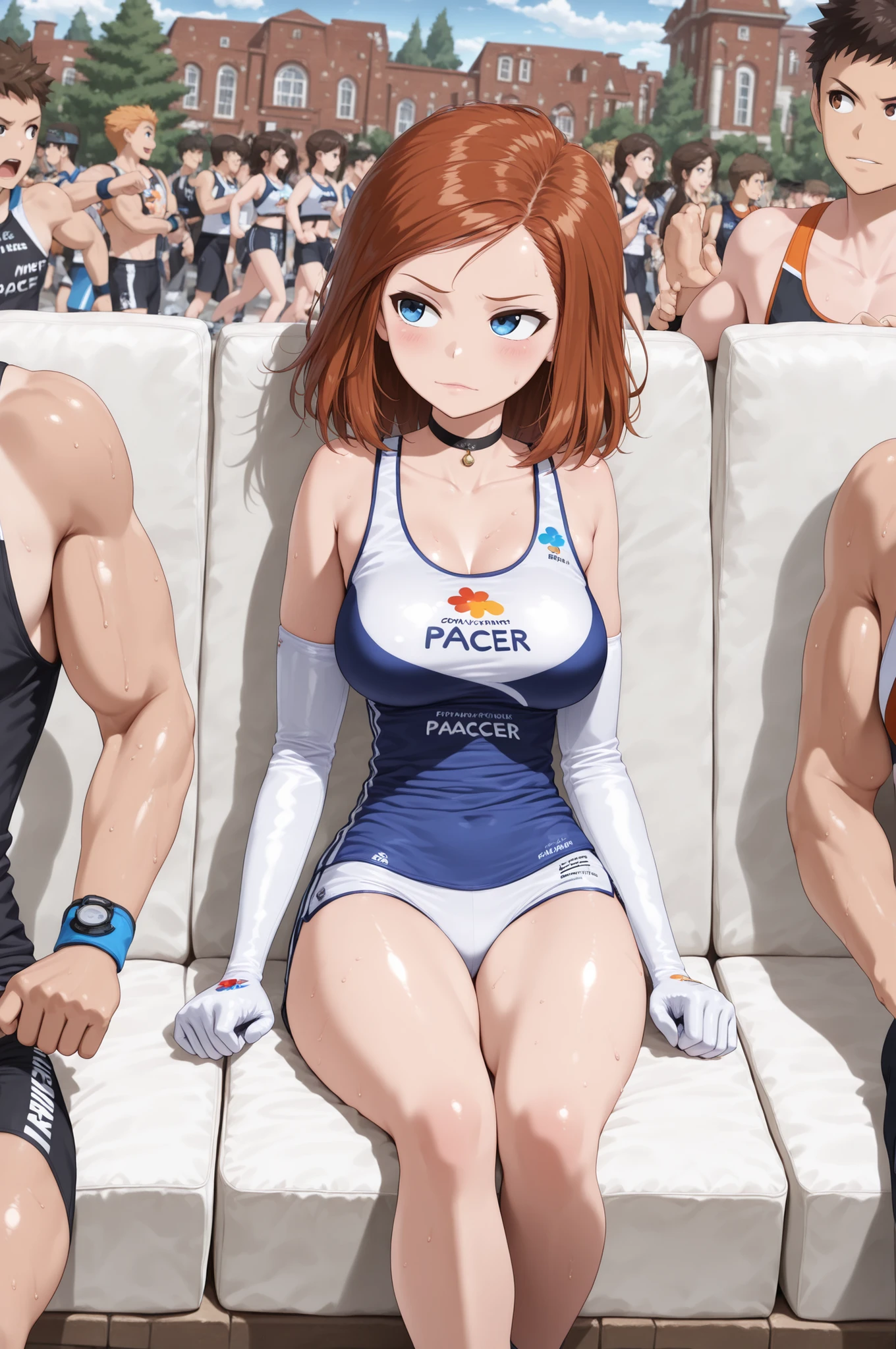 Ann Possible. ginger . dark ginger hair, medium hair . blue eyes . pink lips, medium saggy breasts, huge hips . slim body fair skin, mature woman, choker . | (((masterpiece))), (((best quality))), ((marathon pacer)), ((road running)), ((five muscular male runner and 1girl sitting white sofa)), surround, following, dense, ribbon, tank top, elbow gloves, sweat, crowd, city, wind, looking away, olympic games in france, finish