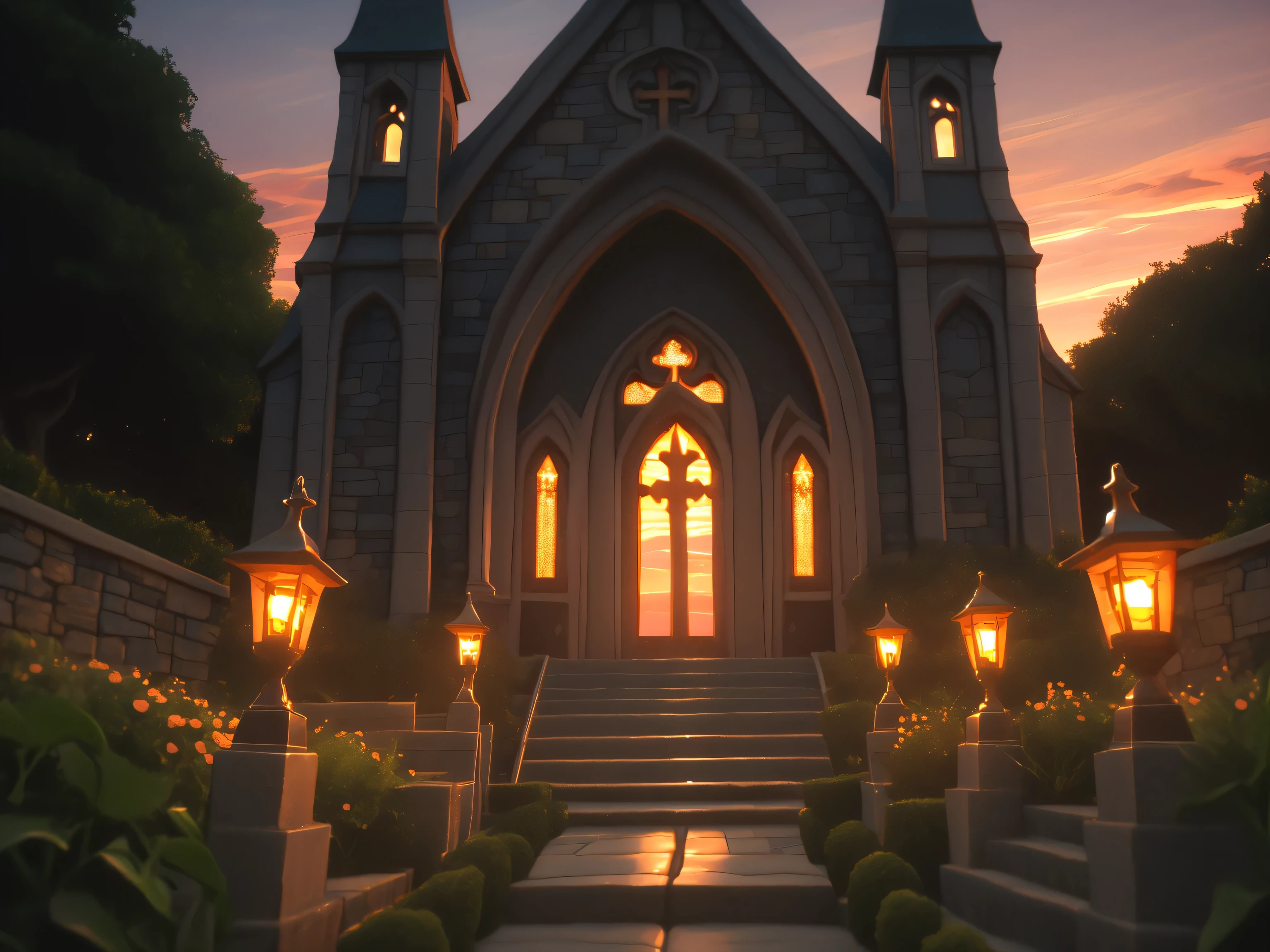 Medieval church with bell, in a valley of flowers overlooking the sea. Sunset with rays of light and shadow in harmony. Mystic.