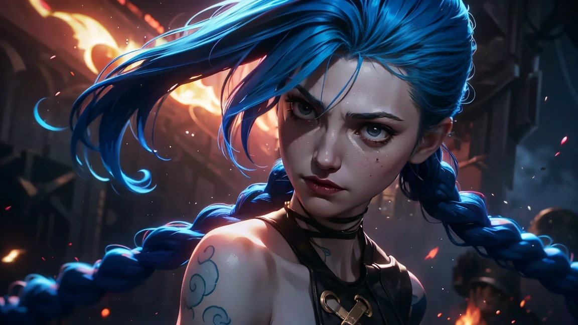 (masterpiece, Best quality), 1 girl, portrait, very sexy, crazy look, smile, crying, pink tears, tears on the cheeks, tears from eyes, full length (full body 1.1.), очень feminine, fighting stance, battle, fire, explosions, burning city, Beautiful waist, gloomy composition, flame, fire, Flash, very beautiful, feminine, long hair, hair braided in long braids, very sexy, tight leather pants, emphasis on the eyes, face accent, Beautiful face, Hands, Hair, Haired ponytail, red purple eyes, Джинкс crying, Blue cloud tattoo, (masterpiece, Best quality), Side lighting, beautiful detailed eyes, crazy face), (Best quality), (masterpiece), magic photography, Spectacular lighting, Photorealism, ultra detailed, интимная portraitная композиция, 1. 4,8 k UHD, aesthetic, Cd., A high resolution, 8 k, better lighting, Best shade, Ultra-HD, A high resolution, sharp focus, Complex background, Cinematic lighting, ((Landscape view)), 4K block, (better lighting), ((Cinematic lighting)),