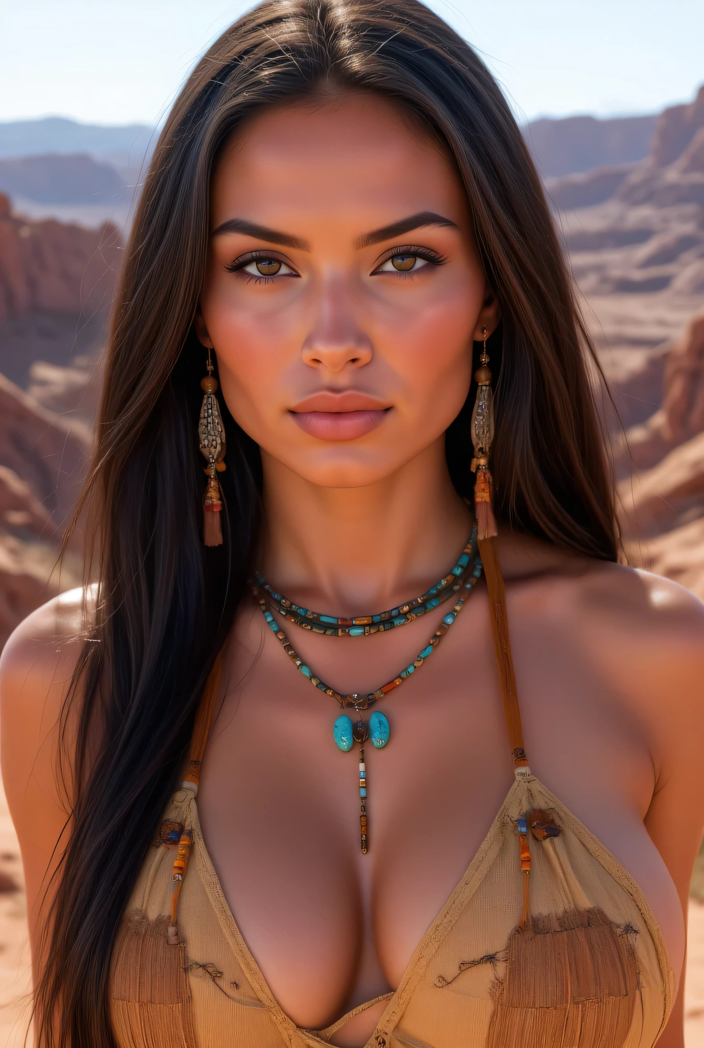 RAW digital art, ultra-realistic 3D render of a stunning woman resembling Native American Woman, Pocahontas, Close-Up portrait, ((young woman)), ((highly detailed face:1.3)), ((perfectly portioned body, perfect female figure:1.3)), ((skinny, slim waist, narrow hips:1.3)), ((seductive gaze)), ((flawless skin texture, long eyelashes, expressive eyes with subtle reflections, makeup)), ((perfect breasts, medium breasts:1.4)), ((smooth yet detailed hair strands, long dark as night hair, shiny hair: 1.2)), soft shadows and cinematic studio lighting, Pixar-inspired style blending vibrant colors with realistic details, ((wearing a hand-beaded buckskin dress with turquoise jewelry inspired by Navajo designs:1.25)) standing atop a sandstone cliff, wind blowing through her long braids, vast desert canyons stretching below, background softly blurred with warm tones, (8K resolution, intricate textures, sharp focus)