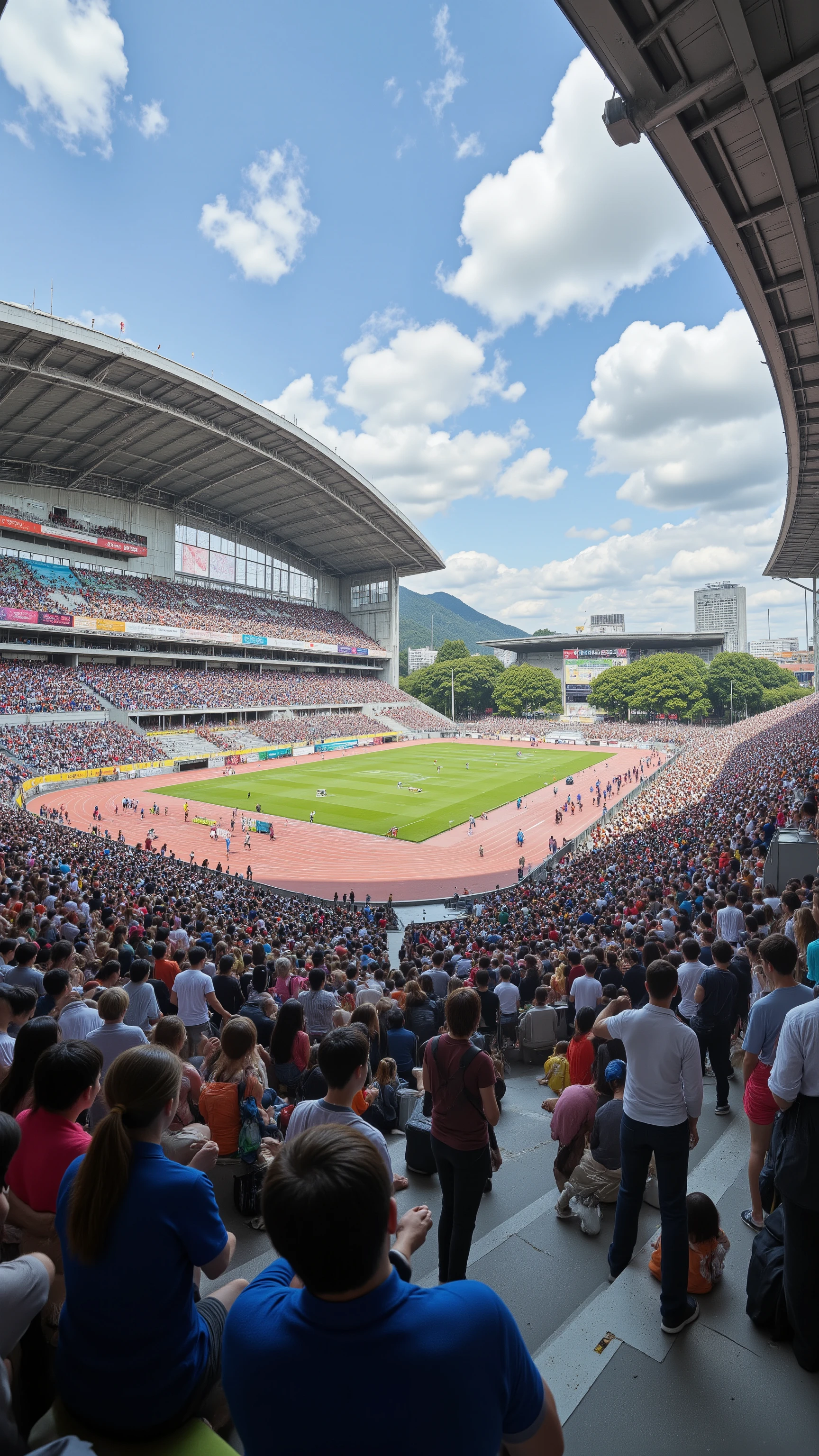 high-definition images、Panoramic view of Nagai Stadium、It is the goal of the marathon、Full seats and goal tape、Images showing the interviewees and stakeholders、