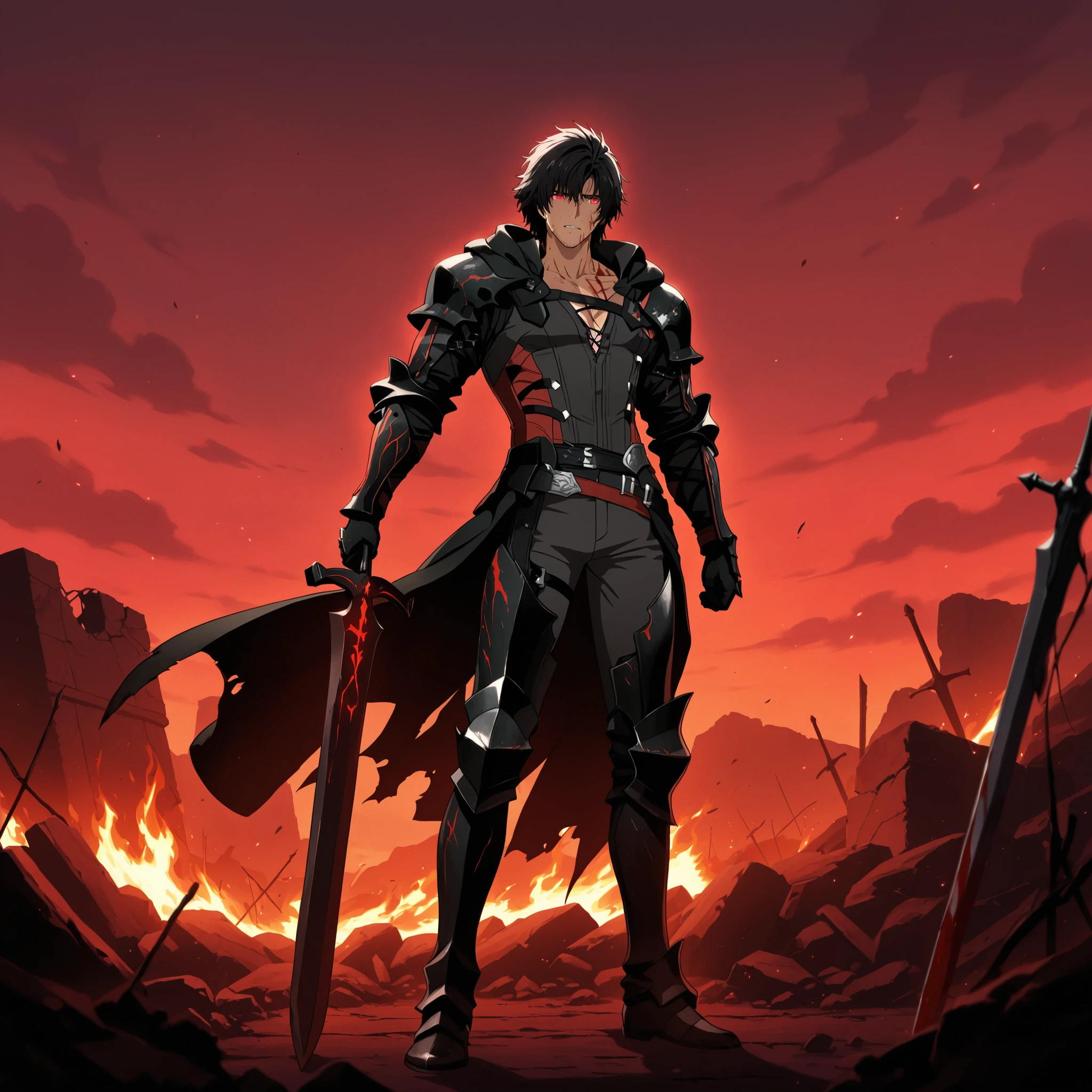Clive Rosfield, anime art style, mid-20s, dark messy hair, red glowing eyes filled with rage and sorrow. His black armor is damaged and covered in soot and blood. Behind him burns a massive demonic silhouette of Ifrit emerging from the shadows. He clenches his sword, surrounded by flames and ash, standing amid ruins at dusk. Highly detailed anime illustration, dramatic contrast of red and black tones, moody lighting, emotional intensity, tragic and powerful aura.